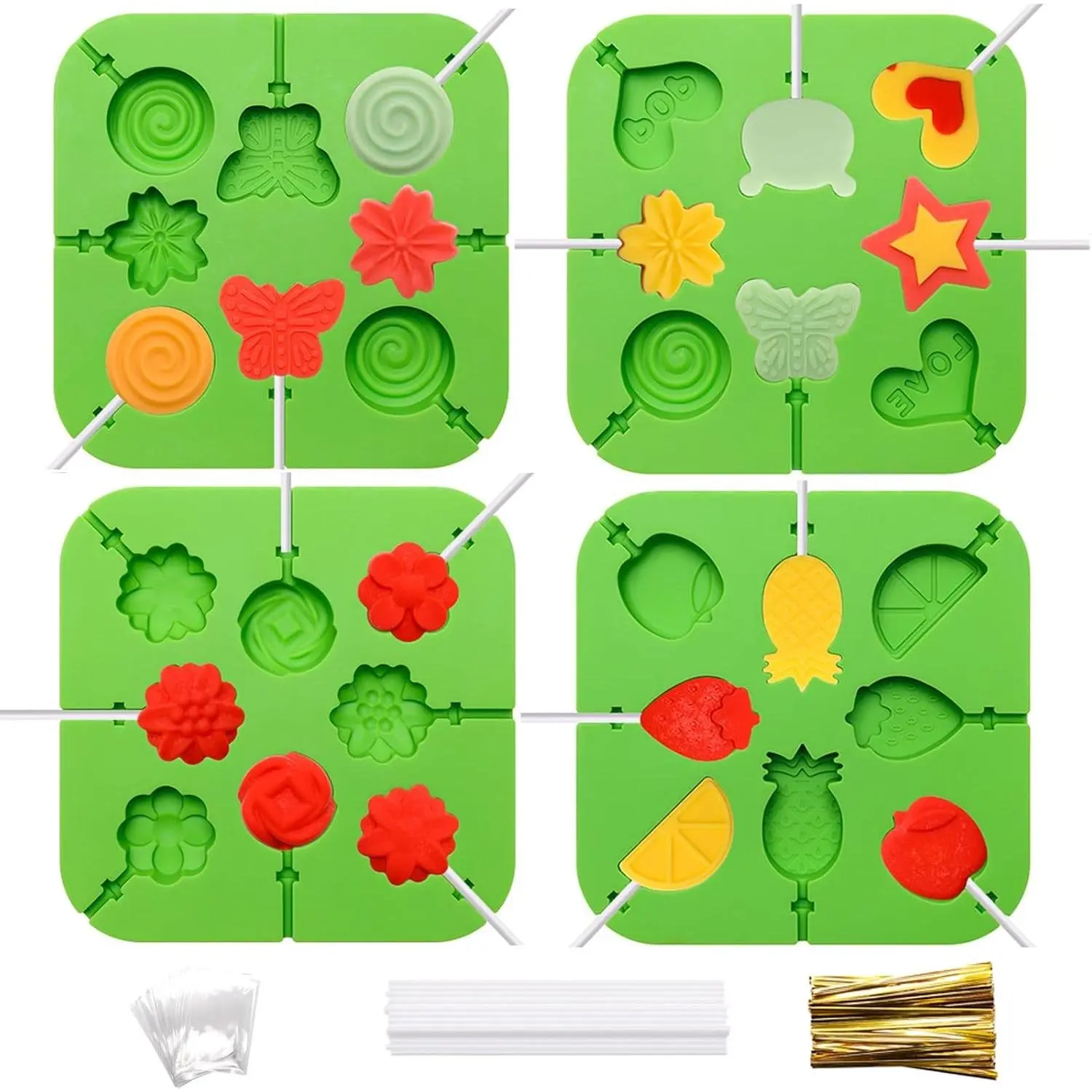 Lollipop Molds Shape, 4Pcs Silicone Molds for Lollipop, 3D Mold for Chocolate, Cute Shape Lollipop Maker Mold Kit for Making Lollipop, Hard Candy with 100 Sticks, 100 Bags and 100 Ties