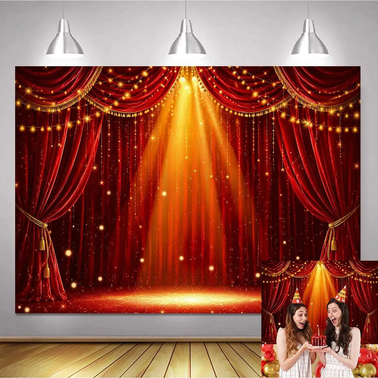 Red  Stage Backdrop 7x5ft Theater Curtain Photo Booth Party Decor | vinyl backdrop with rich red  stage golden lights and elegant curtain style for parties photos events and celebrations