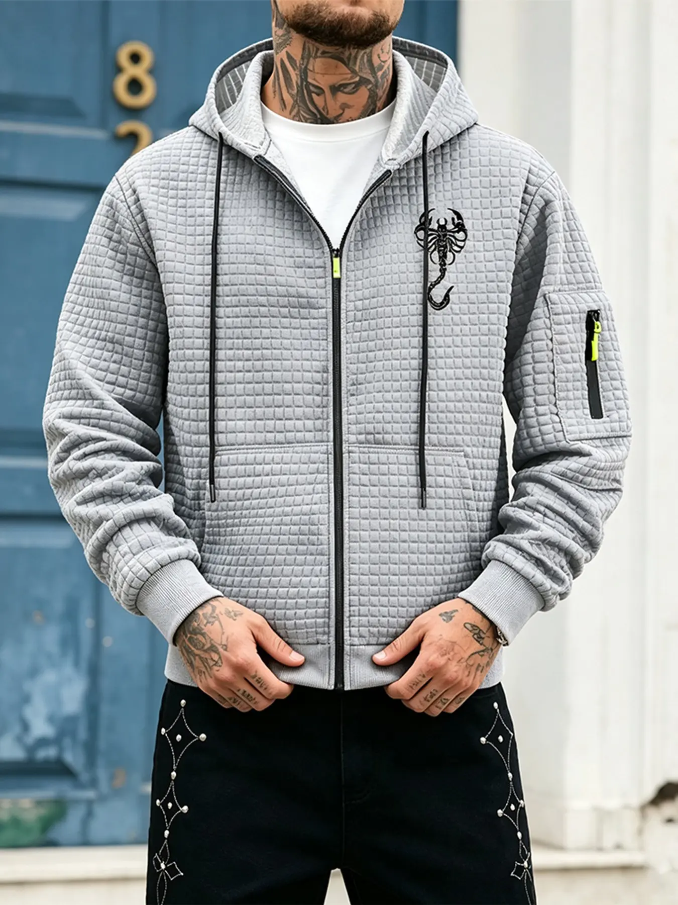 Men's Waffle Textured Drawstring Hoodie Full Zip Long Sleeve Sweatshirt Scorpion Silhouette Print Outdoor Sports Jacket With Arm Side Pocket Casual Streetwear Daily Tops