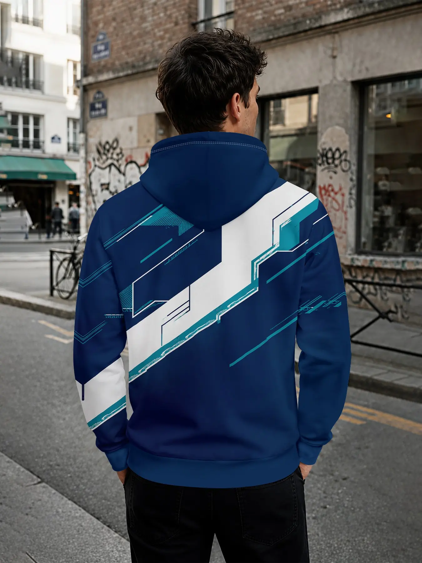 Men's 3D Digital Print Hoodie, Geometric Blue Patchwork, All over Print, Casual Fitted, Spring & Fall, Perfect Gift for Men