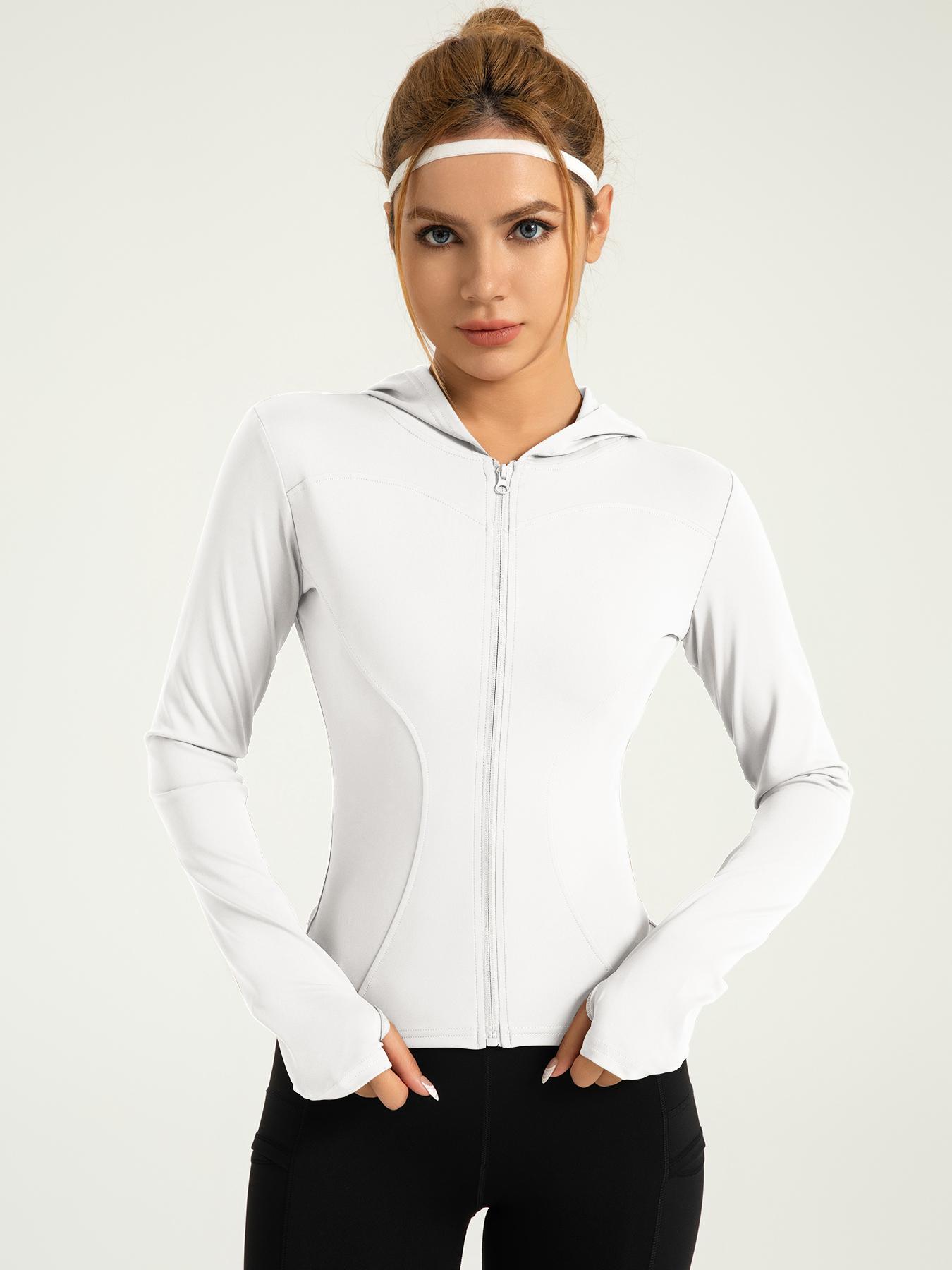 Women's Solid Zip Up Hooded, Sporty Long Sleeve Thumb Hole Outerwear for Yoga Gym Workout, Ladies Sportswear for All Seasons Yoga Jacket Top