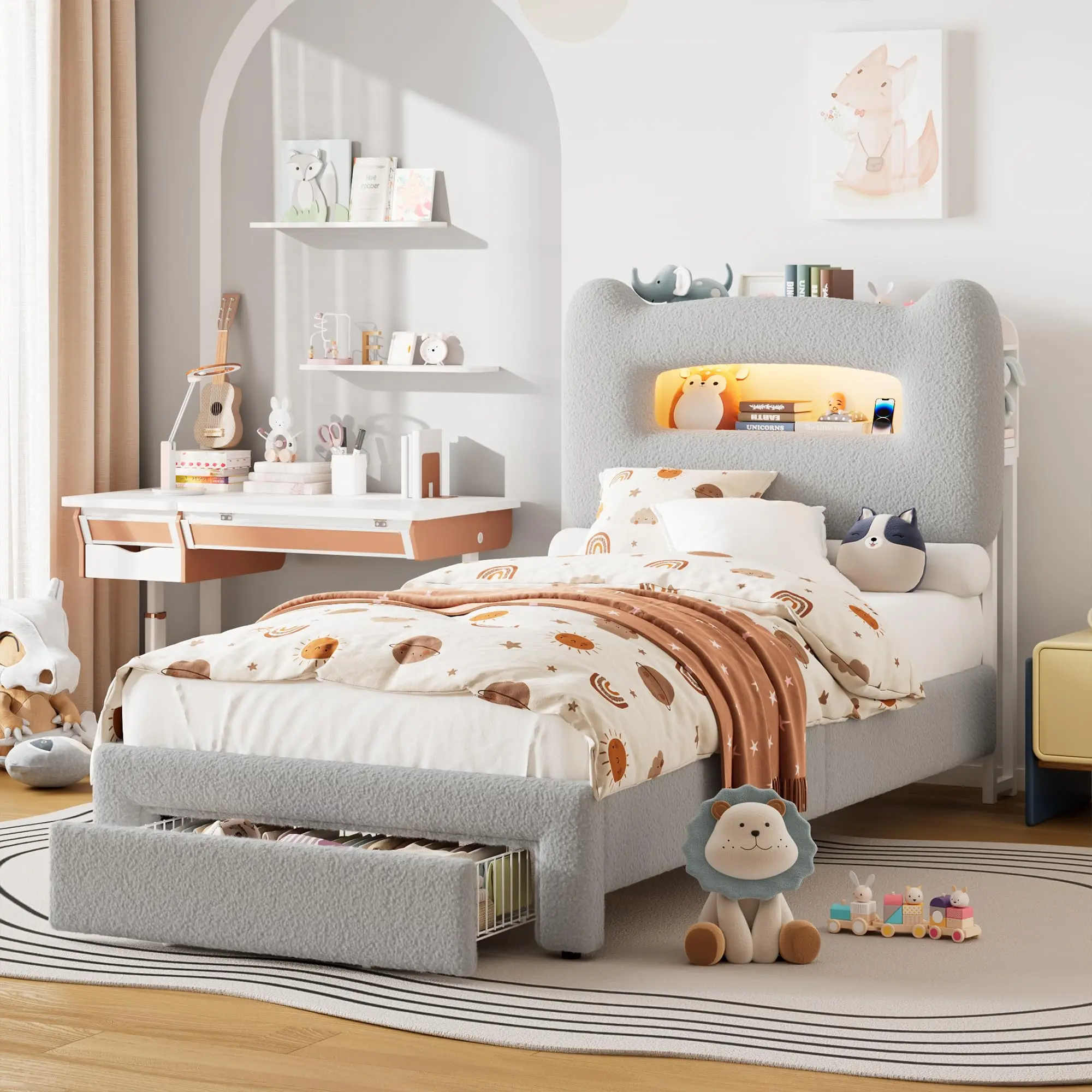 LED Twin Bed Frame with 2-Tier Upholstered Storage Headboard, Built-in Charging Station & Drawer - Heavy Duty Metal Platform - Noise Free - For Kids, Girls, Boys - No Box Spring Needed