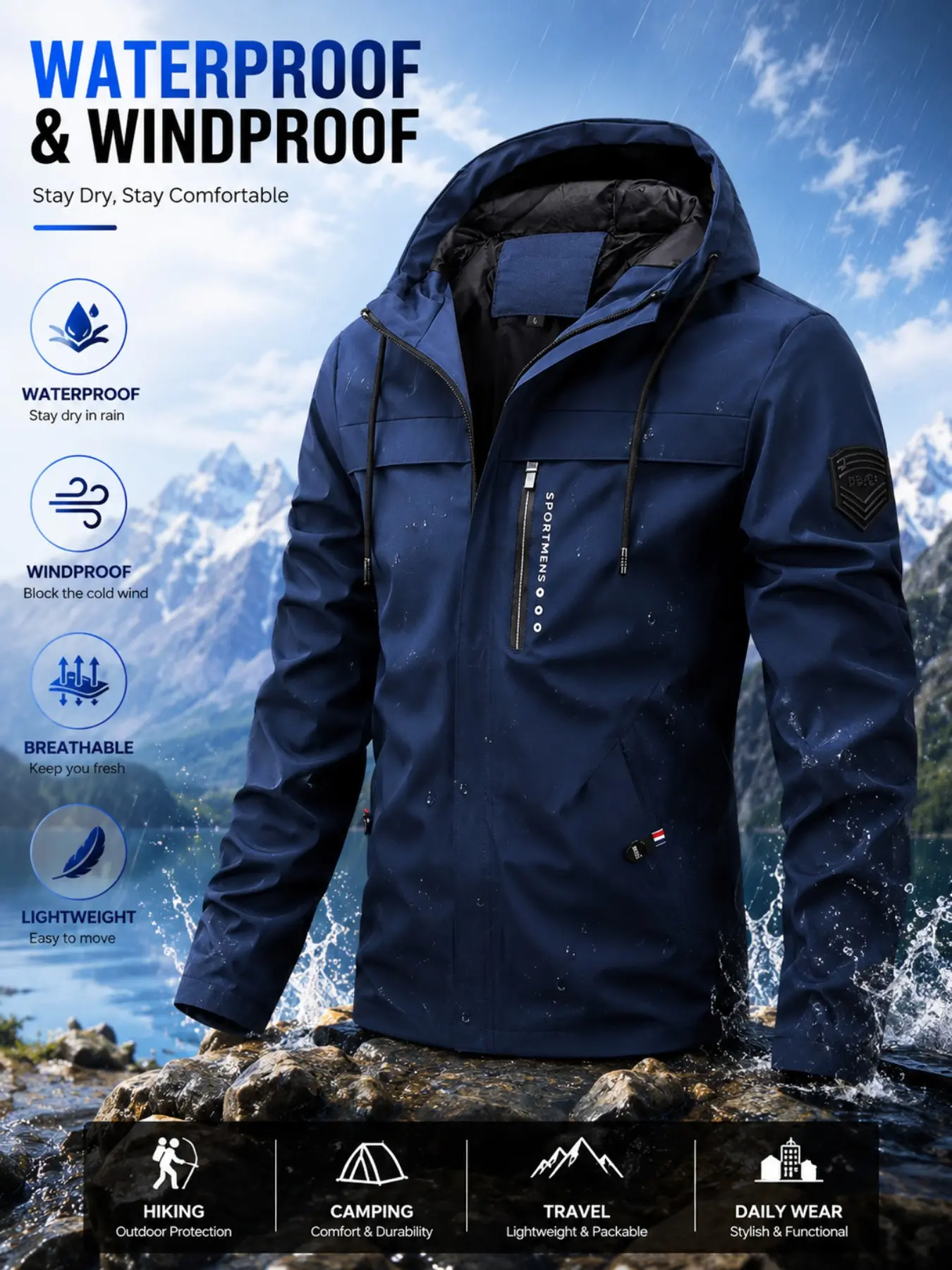 Men's Functional Hooded Sports Jacket, Sports Outerwear, Windproof Waterproof Outdoor Climbing Coat, Drawstring Hat Zip Pocket Cycling Fitness Jacket