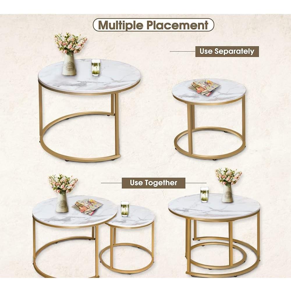 Coffee Table Nesting White Set of 2 Side Set Golden Frame Circular Round and Marble  Wooden Tables, Living Room Bedroom Apartment Modern Industrial Simple Nightstand