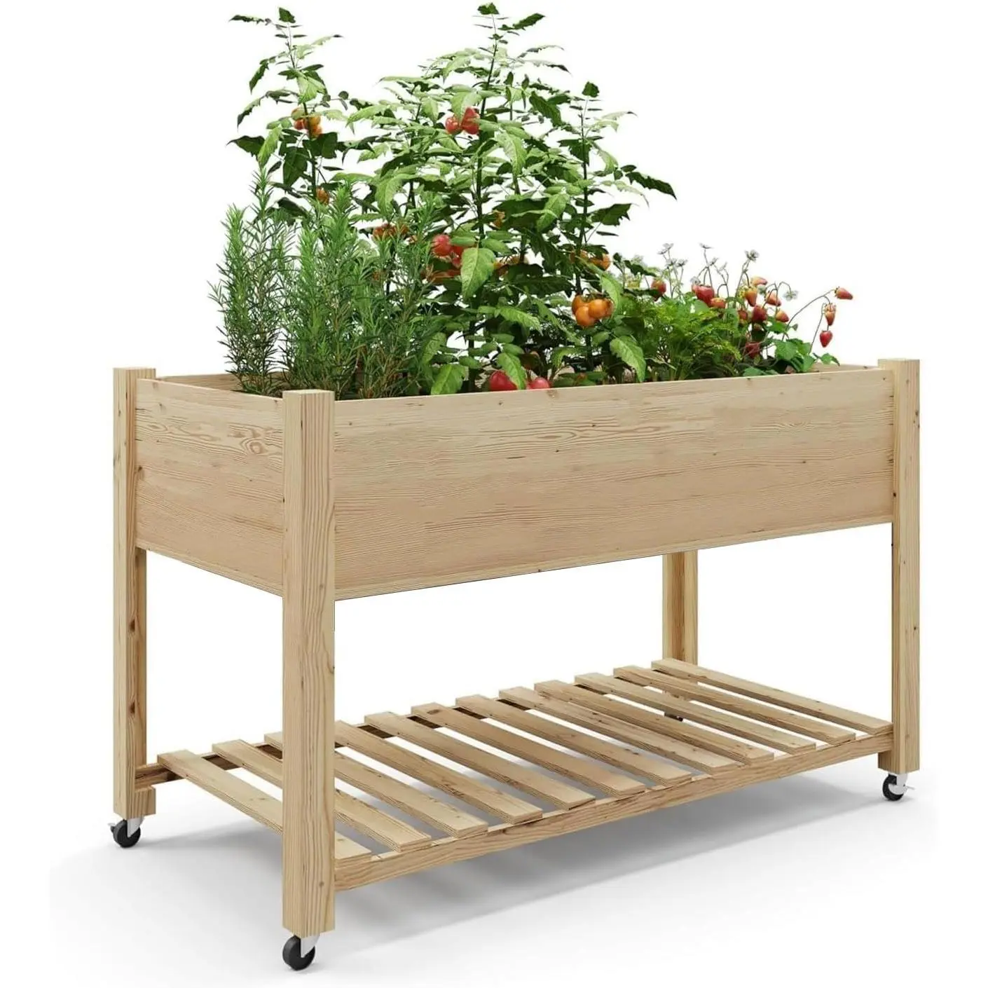 Wood Plant Stand with Wheels Rolling Planter Shelf Mobile Flower Pot Display Rack with Storage Shelf for Indoor Outdoor Garden