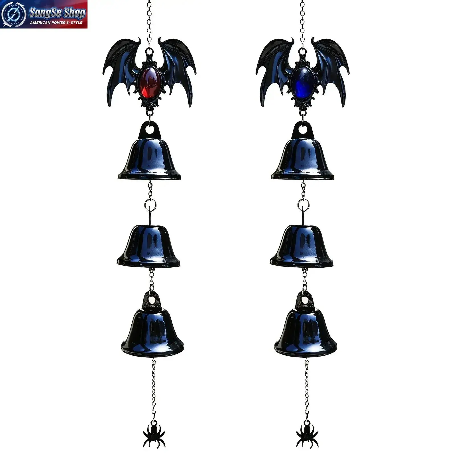 Dark Gothic Bat Wing Wind Chime Charm - Black Metal Bells, Spider Charm & Gemstone Hanging Ornament, Witchy Halloween Home Decor, Unique Bag Accessory Gift for Horror Fans, Hanging Chain
