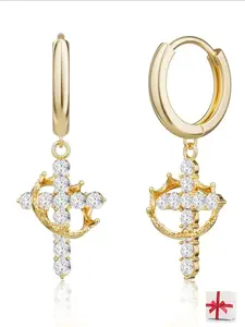 Women's Elegant Crown Cross Dangle Earrings, Zircon Cross Pendant, Rotating Crown Design, Fashionable Gift Jewelry, All Seasons