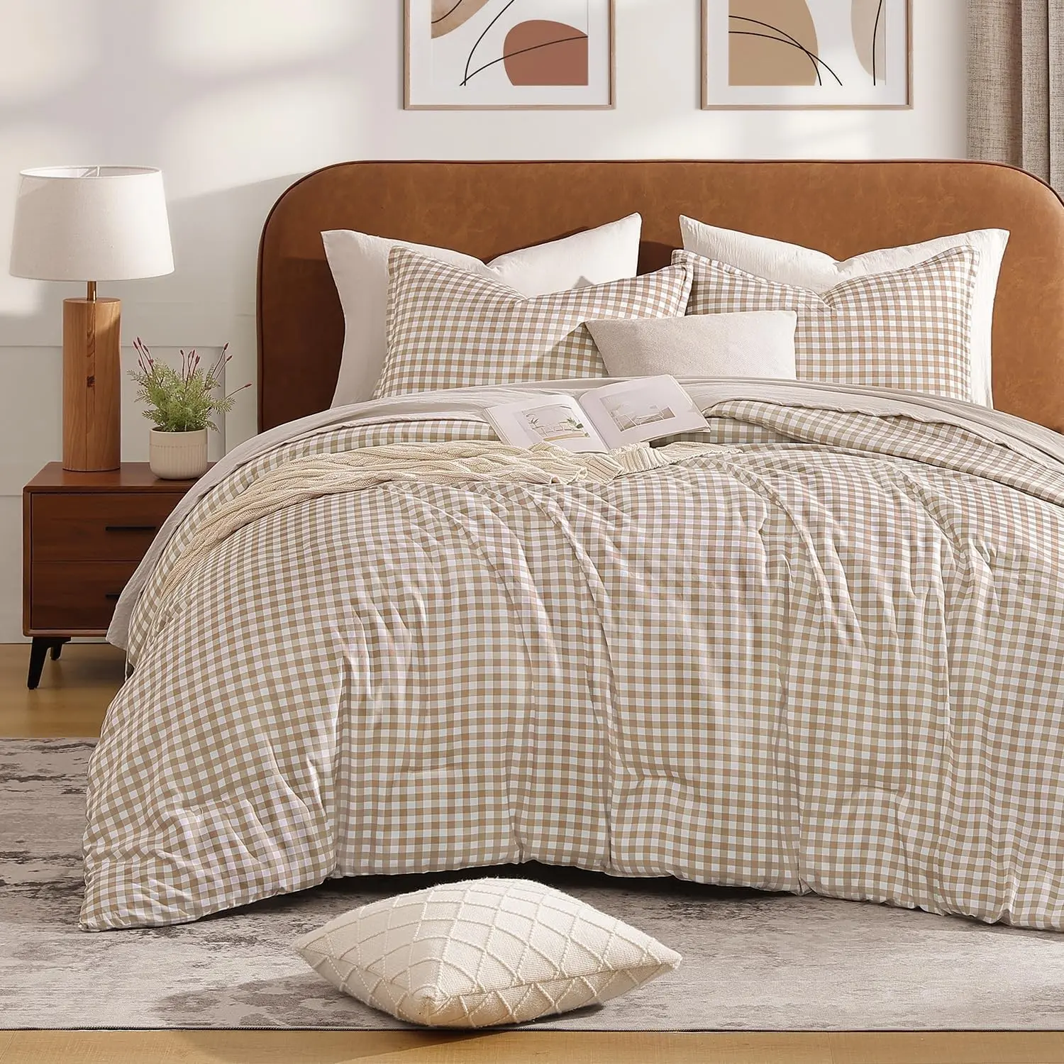 Tan Gingham Comforter Set Full, Brown Checkered Grid Plaid Bedding