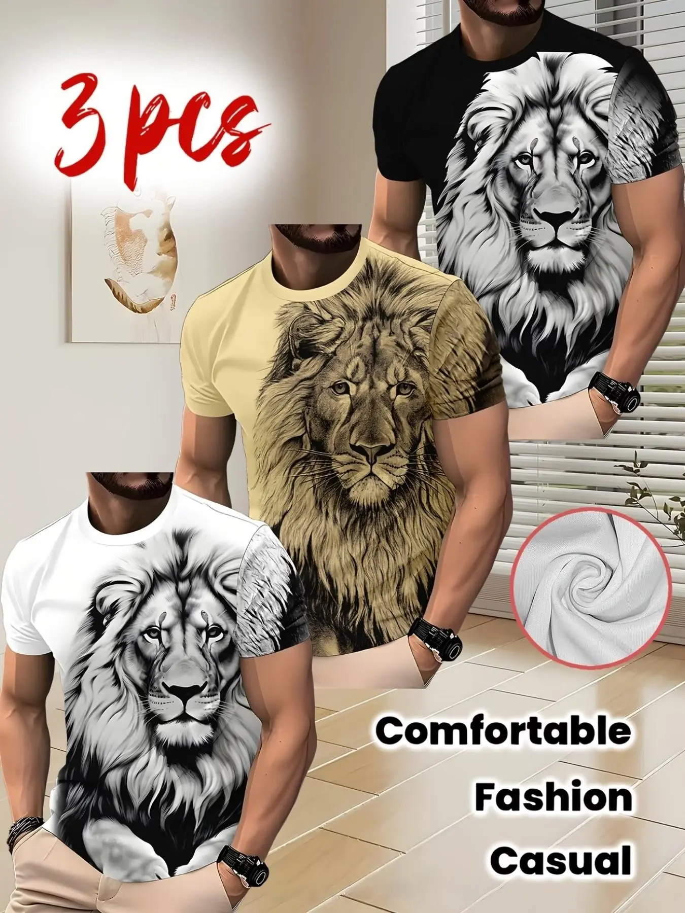 Men's 3D Lion Pattern Short Sleeve T-Shirts, 3-Pack Casual Streetwear, All over Print, Round Neck, Summer Fashion, Fitness & Outing
