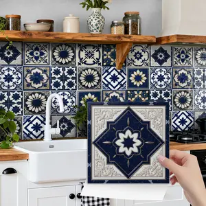 24PCS NHZ Navy Blue & Beige European Embossed Retro Tile Stickers, PVC Crystal Film, Waterproof Oilproof, Self-Adhesive, Removable No Residue, Easy Clean, Glossy Finish, for Kitchen Bathroom Bedroom Home Decor