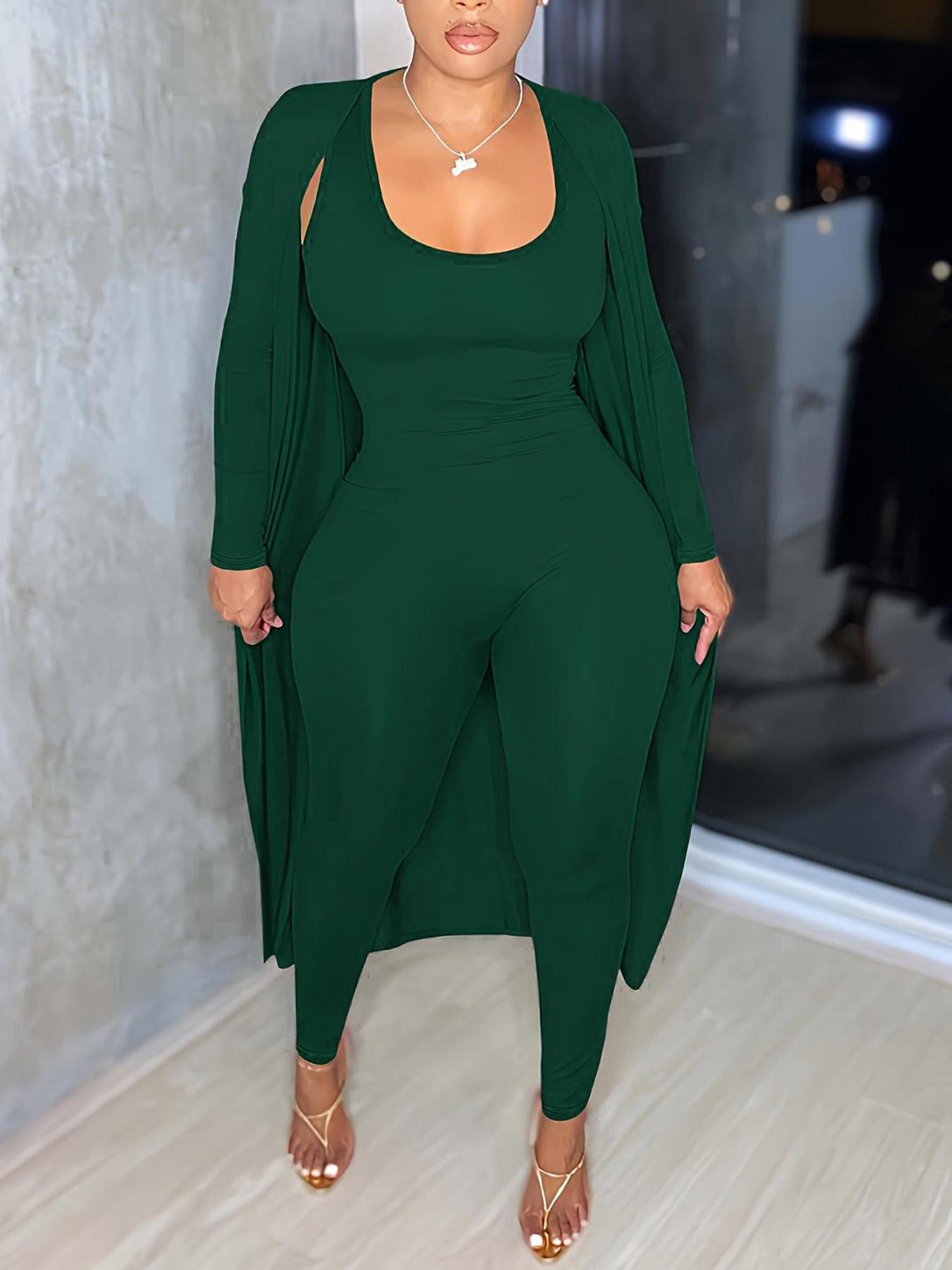 Two-piece Set Women's Solid Open Front Long Sleeve Longline Outwear & Skinny Jumpsuit, Casual Fashion Cozy Outfits for Daily Outdoor Wear, Women Clothes for Fall & Winter, Solid Color Jumpsuits