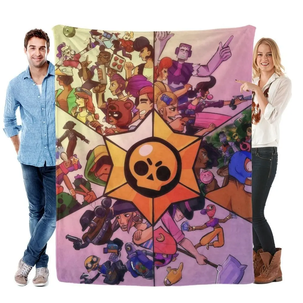 Brawl Stars All Brawlers Flannel Blanket, Star Logo Character Collage Throw, Cozy Fleece for Gamers & Kids, Perfect Gaming Room Decor Brawl Stars Star Emblem Blank