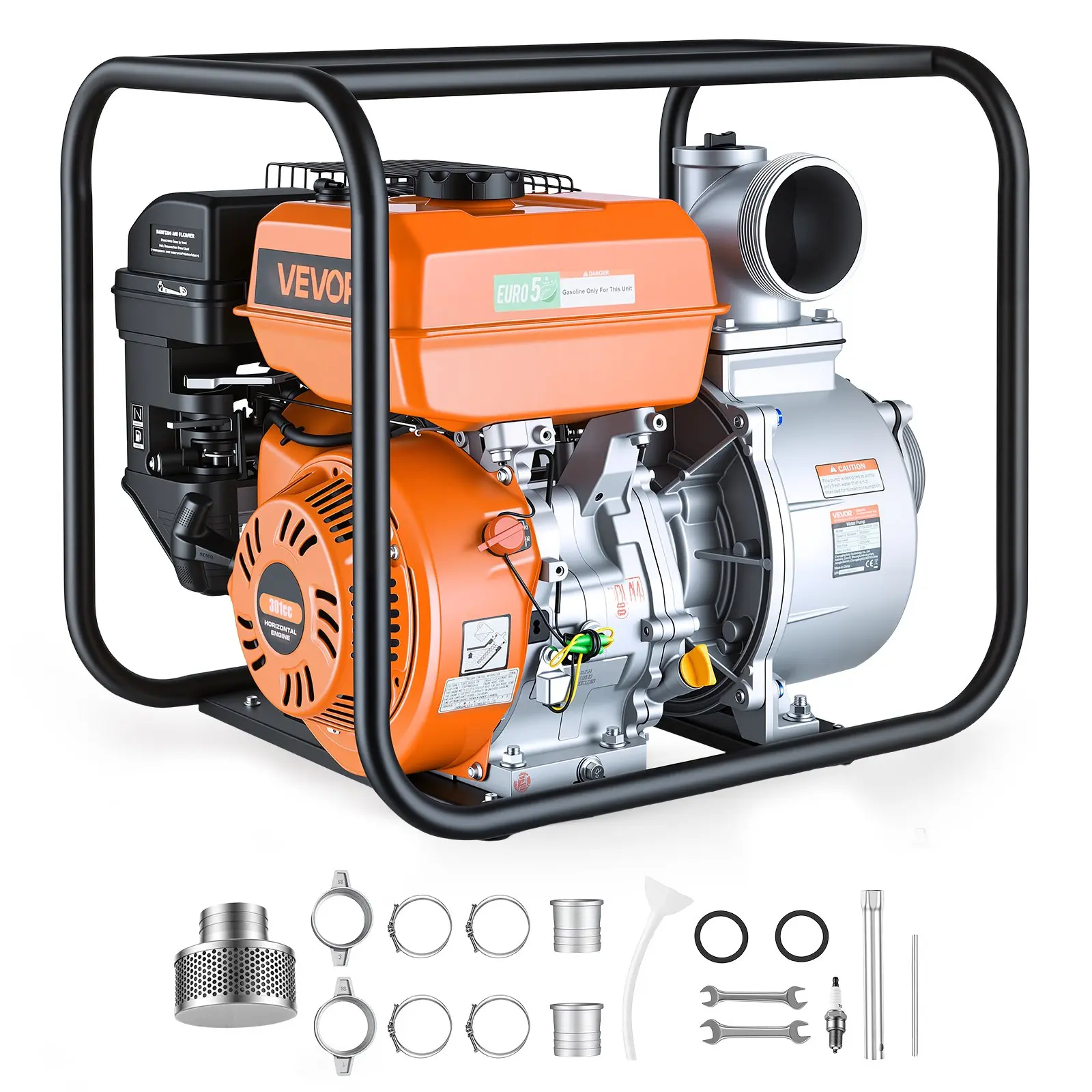 VEVOR 8.3HP Gas Engine Water Pump - 4 in Cast Iron Impeller, 422 GPM Semi Trash Transfer Pump, Frame Mount Heavy Duty, 25 ft Discharge Hose, Portable for Irrigation, Ponds