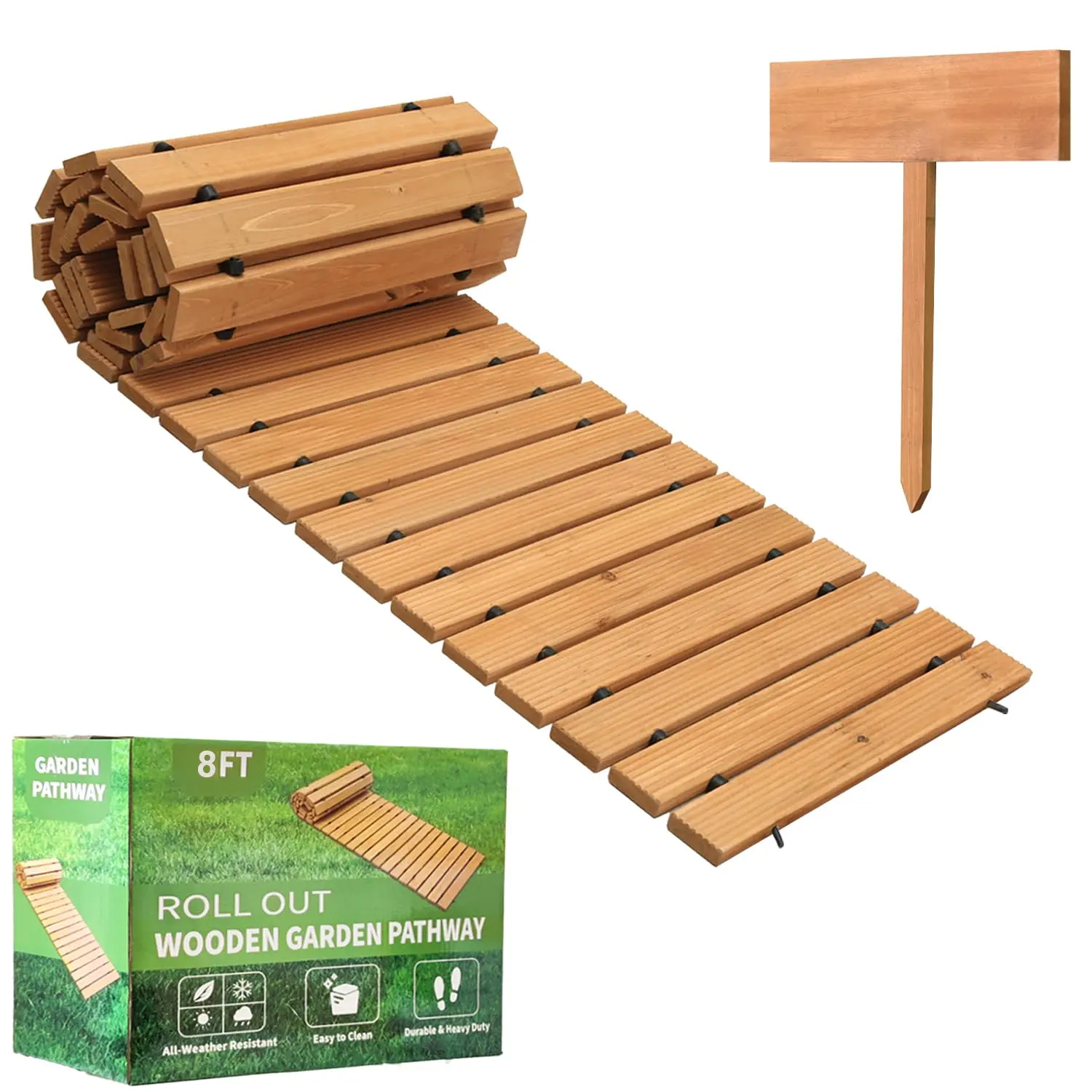 8FT Wooden Garden Pathway, Outdoor Roll Out Garden Walkway, Weather-Resistant Decorative Garden  Walkway Pavers for Patios, Backyard, Beach, Wedding Party Pathways