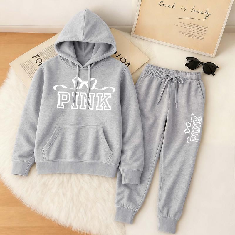 Women's Bow Tie Print Hoodie And Drawstring Track Pants Set, Casual Sportswear, Long-Sleeved Hooded Jacket And Pants, Suitable For Autumn And Winter, Everyday Wear, Indoor And Outdoor Sportswear, Casual Sportswear.