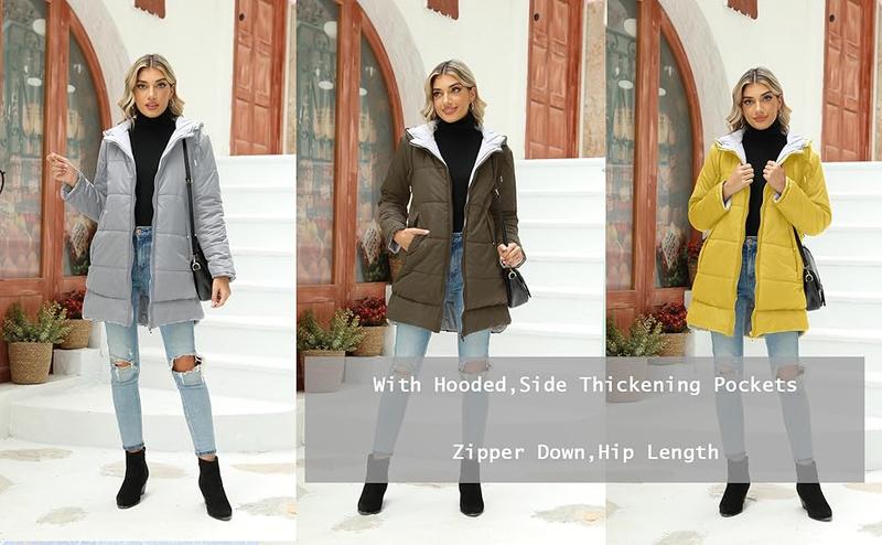 FMEYOA Womens Warm Puffer Down Jacket Hooded Winter Casual Lightweight Mid Quilted Coat with Pockets