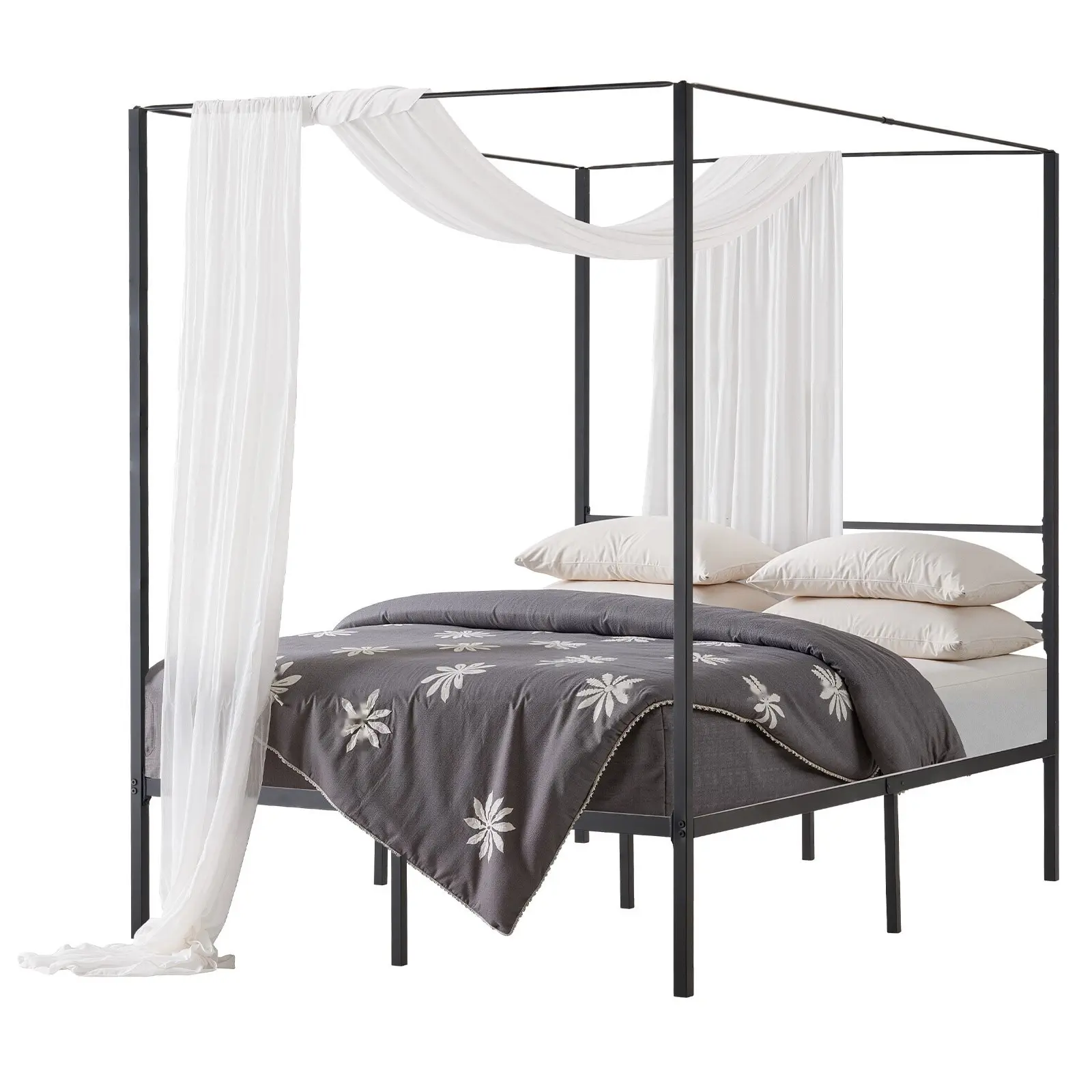 Full Size Canopy Bed Frame In Metal With Four Poster Posts, Black Finish, Sturdy Powder-Coated Metal Construction, Modern Canopy Bed For Master Bedroom Or Guest Room, Easy Assembly, Durable Support And Long-Lasting Style