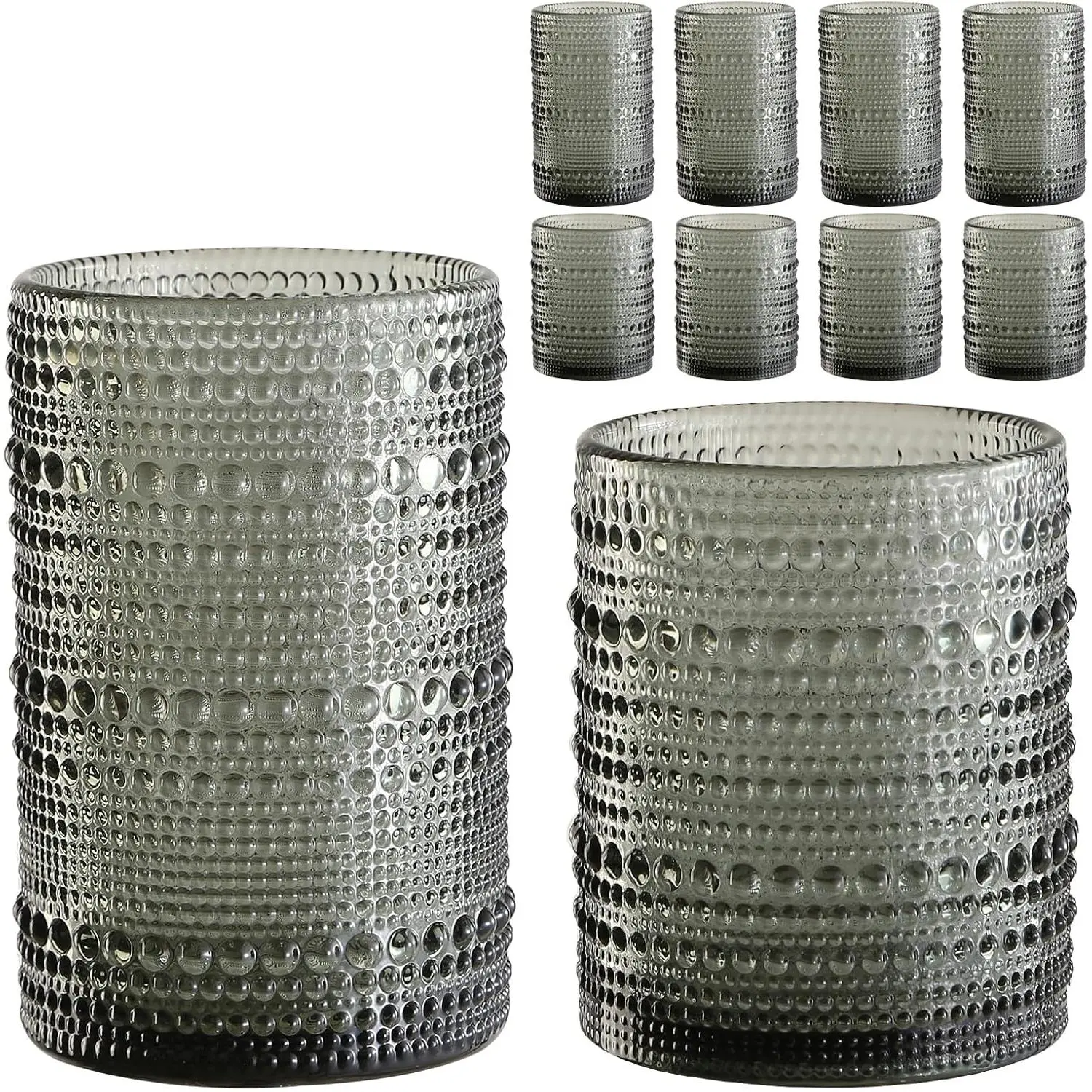 Vintage Hobnail Highball Glasses, Set of 8 Assorted 12 oz & 15 oz Tumblers, Grey Embossed Drinkware for Juice and Mixed Drinks, 12Oz