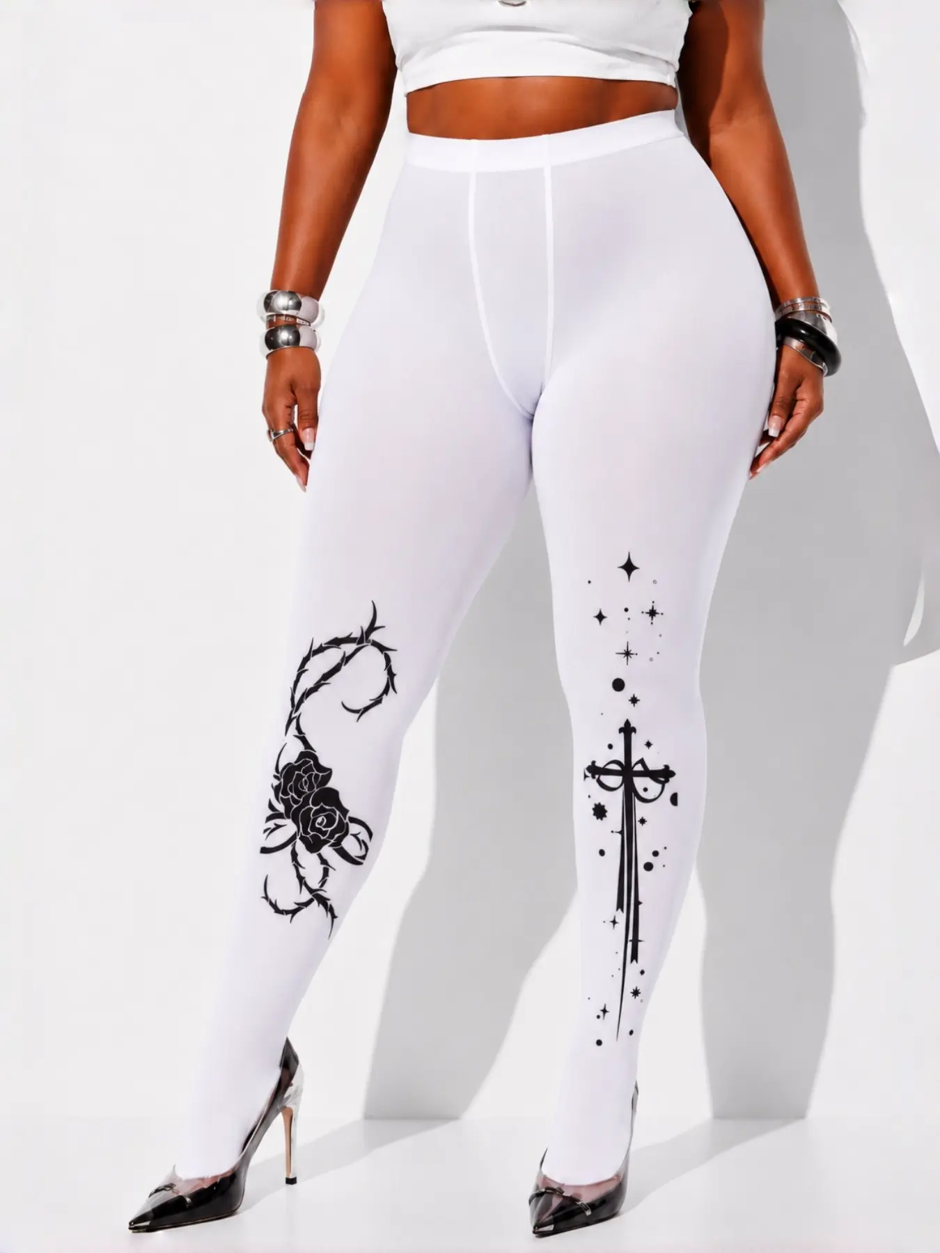 Women’s Footed Tights with Thorn Rose & Cross Print, High Waist Stretch Pantyhose for Party Wear, Sexy Slim-Fitting Stockings