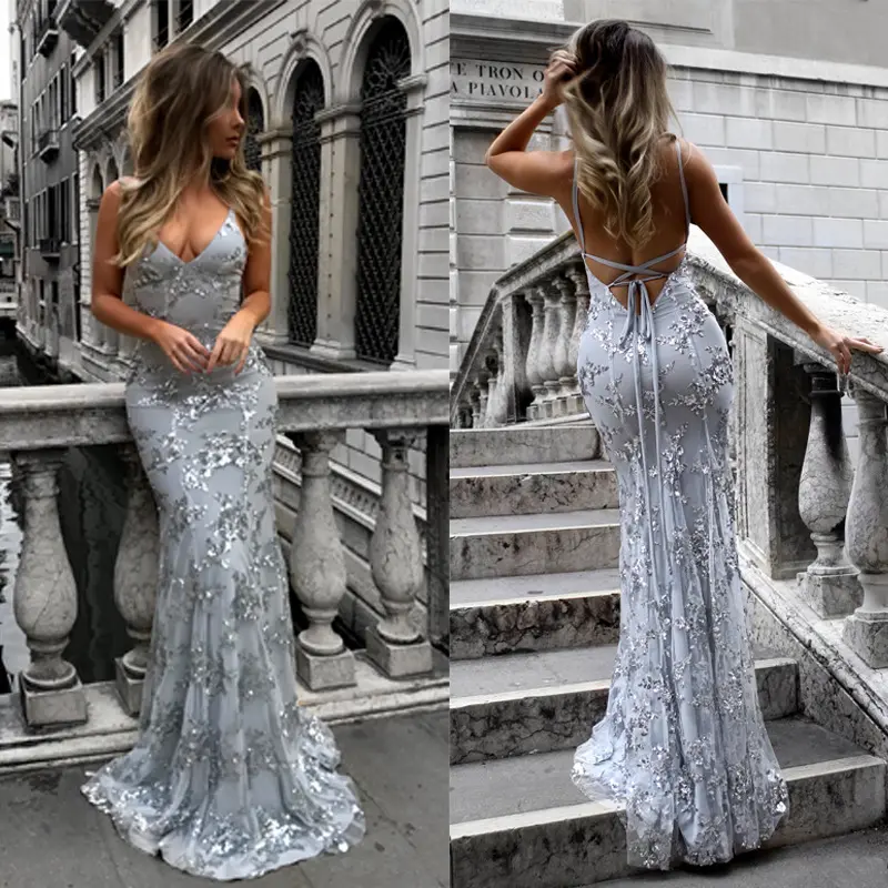 Women’s Sequin V Neck Maxi Dress, Backless Lace-Up Floral Evening Gown, Sleeveless Elegant Party Dress for Wedding Guest, Prom, Dinner, Vacation, Cocktail Events and Special Occasions S-3XL