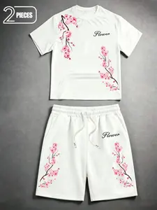 Men's Casual Graphic T-Shirt and Drawstring Shorts Set, Menswear, Cherry Blossom Print, Round Neck, Short Sleeve, Outdoor Leisure Activewear 2-Piece