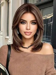 16-Inch Highlights Bob Wig, French Curtain Bangs, Heat-Resistant Straight Medium-Length Hair Wig, Natural Look for Daily, Party, Travel