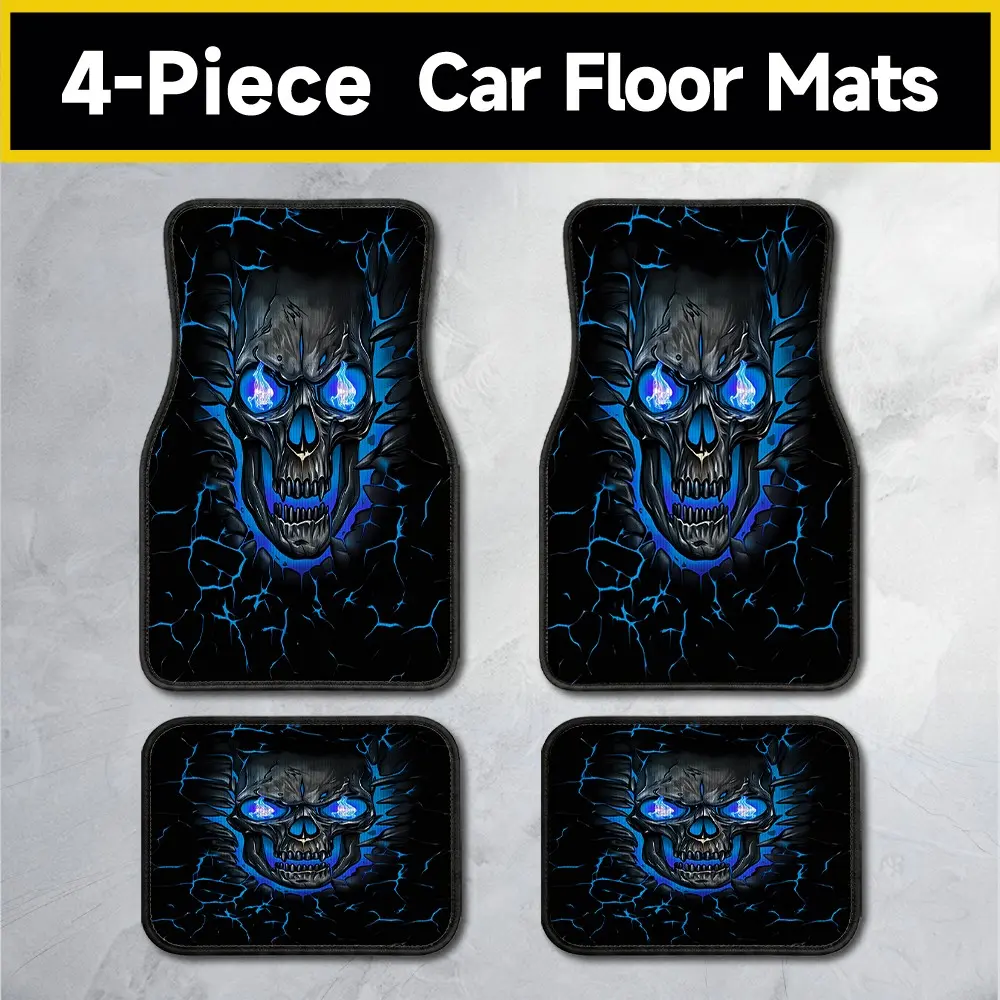 Flame Skull Crack Rock Art Car Mats, 4-Piece Set, Universal Fit, Non-Slip, Durable Polyester, Absorbent, for Various Vehicles, Car Floor Mats