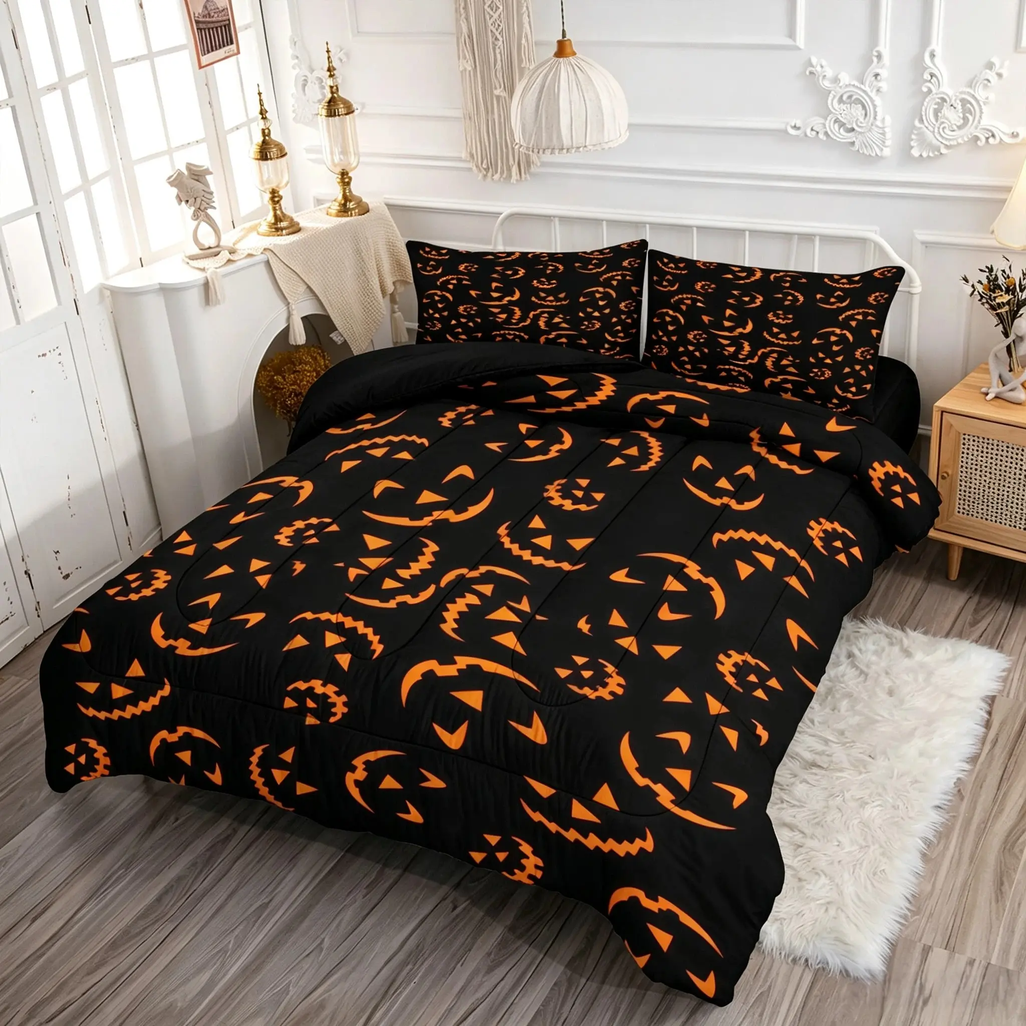 Vintage Halloween Pumpkin Print Comforter Set, Soft Cozy Decorative Bedding Set, 1 Comforter with 1 or 2 Pillowcases (Pillow Inserts Not Included), Perfect for Halloween Decor & Gifts
