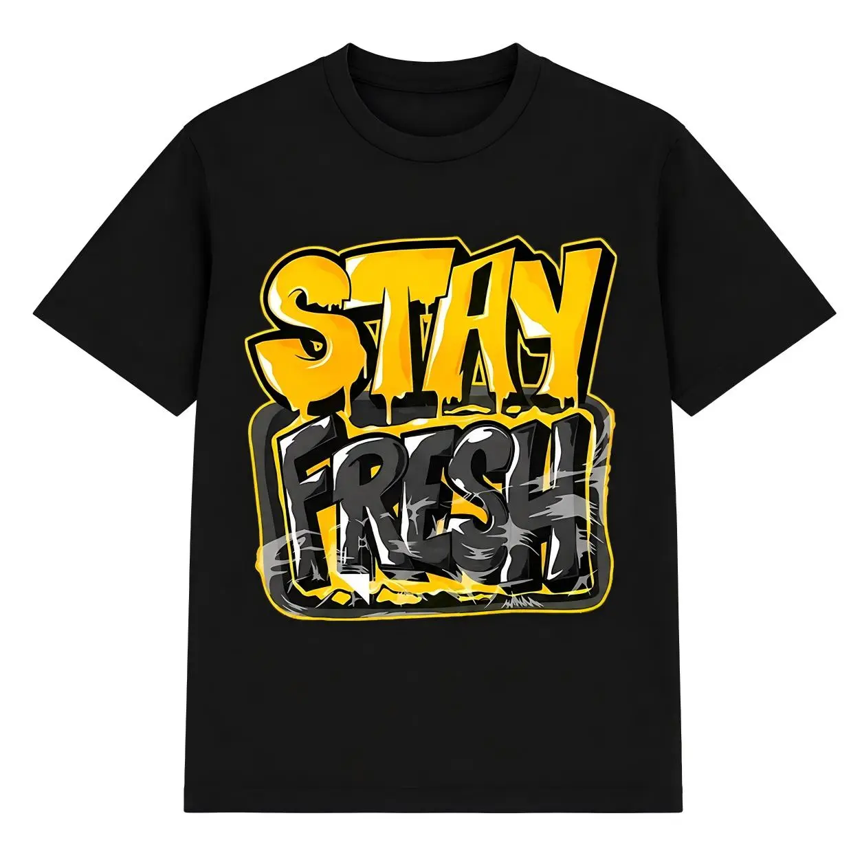 Men's Graffiti Art Graphic Tops, Menswear Short-Sleeve Round Neck Black T-Shirt with Bold Yellow Letter Print, Casual Regular Fit Sports Top