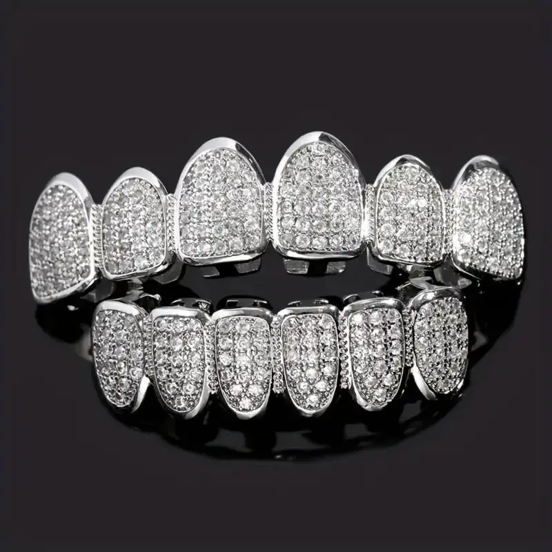 HipHop CZ Teeth Set For Unisex Top Bottom Mouth Gold Silver Color Teeth Tooth Cap Removable Dental Fashion Jewelry Oral