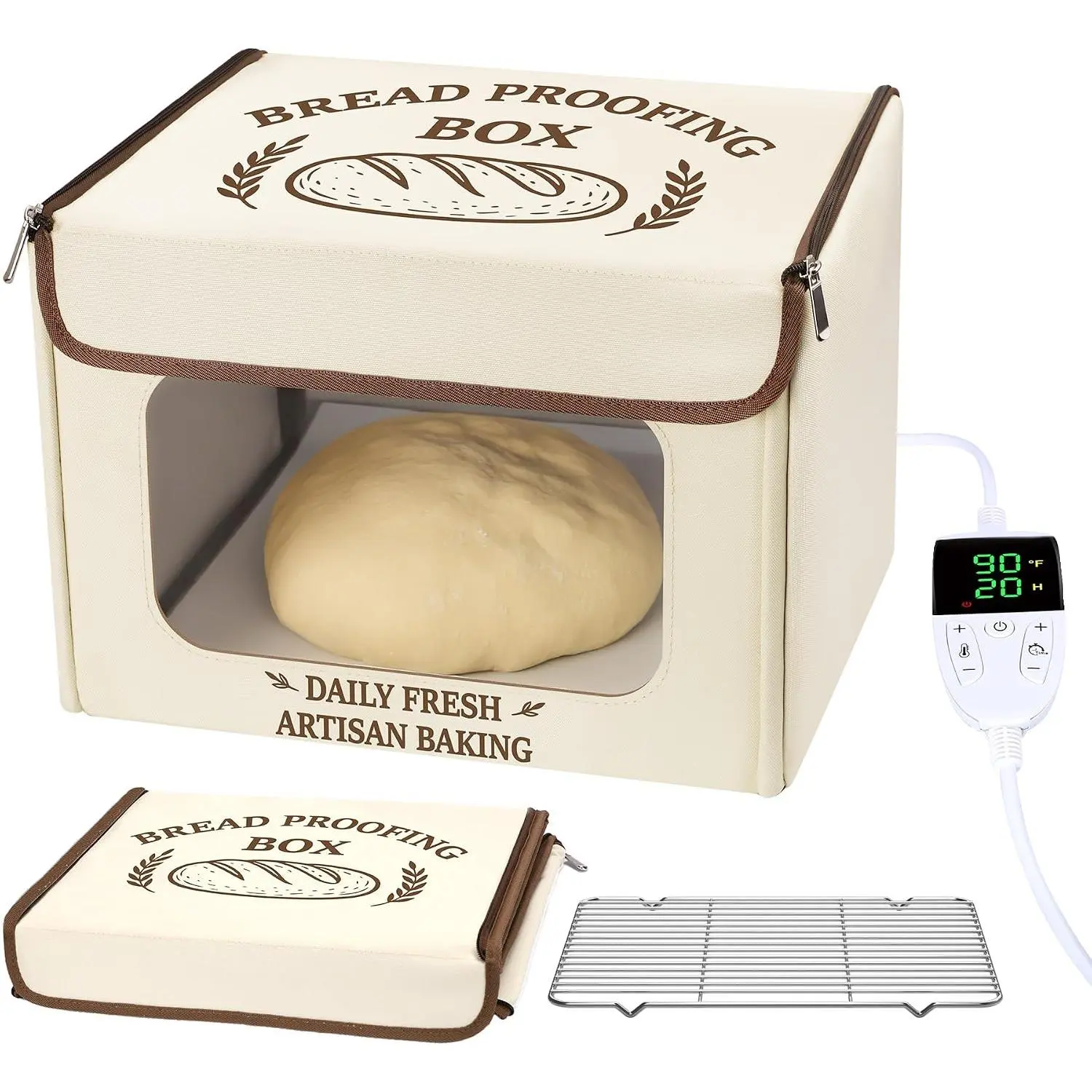 Folding Bread Proofing Box with 70-131°F Temp Control & 99H Timer, Front-View Window Sourdough Proofing Box, Dough Proofer with Metal Rack for Sourdough, Pizza, Bread Baking, Yogurt, Kombucha