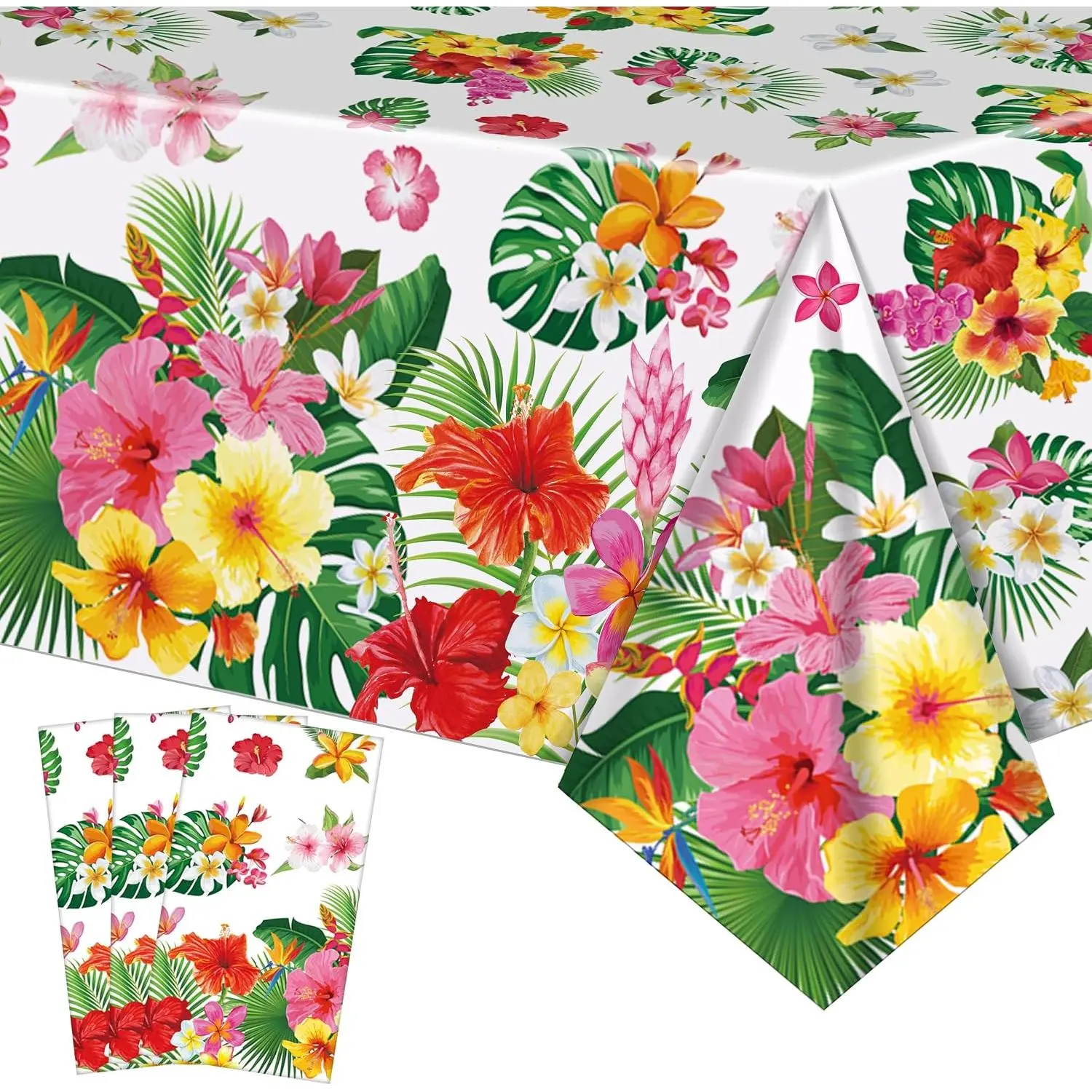 3-Pack Hawaiian Colorful Tropical Flowers Plastic Tablecloth Set - 54x108 in Disposable Rectangle Covers for Luau Events, Summer BBQ Home & Festive Decor