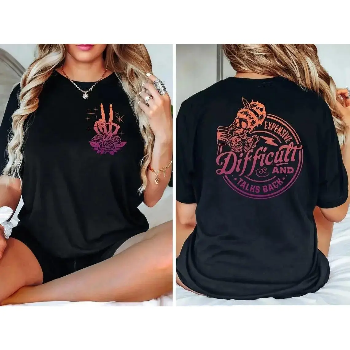 Expensive Difficult And Talks Back T-Shirt, Sarcastic Women Shirt, Woman Shirt, Trendy Front And Back Shirt, Funny Women Shirt Cotton Top,music