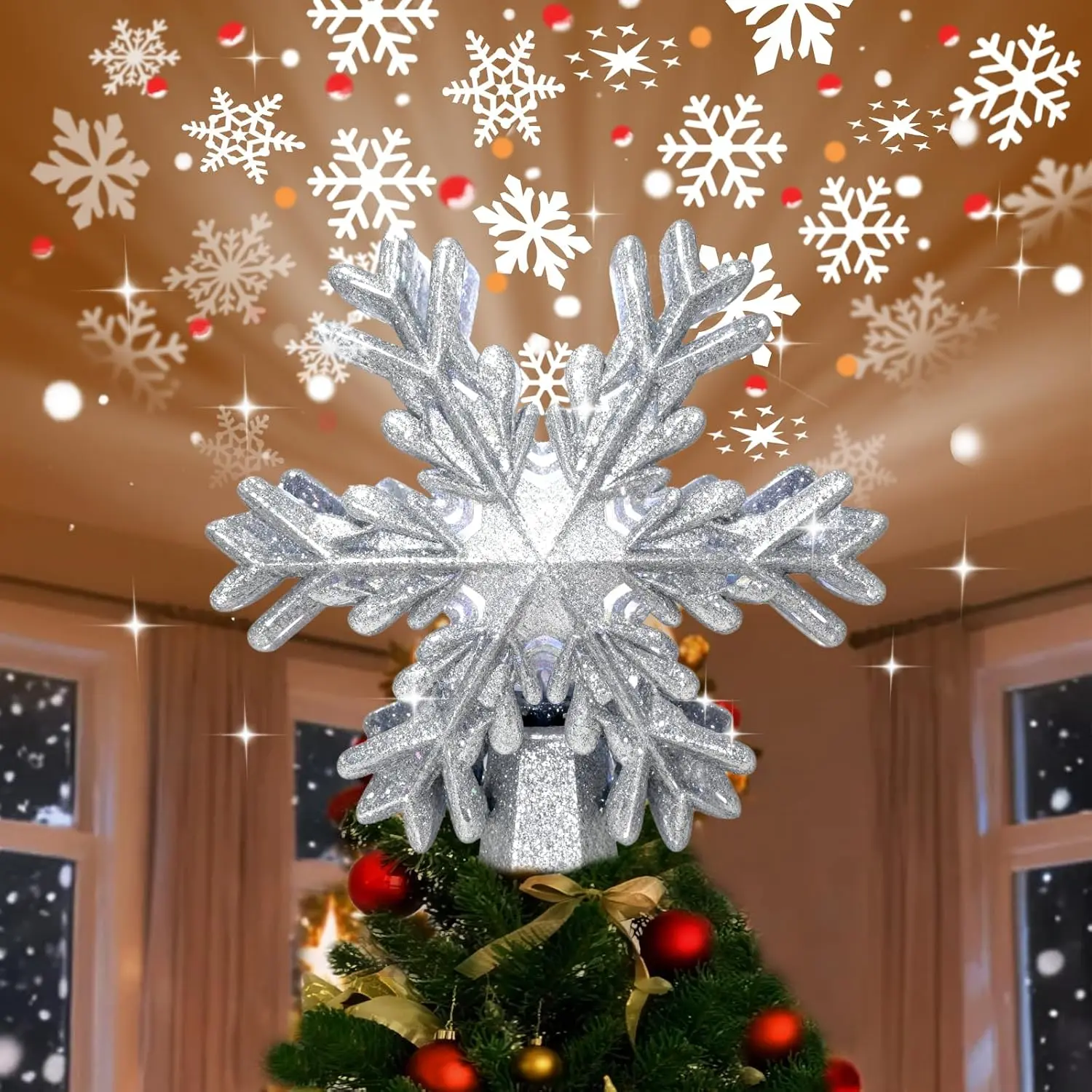 Christmas Snowflake Tree Topper Lighted (Sliver) | Glitter Christmas Tree Topper with -in LED Rotating Projector - Dynamic Snowflake Projection for Christmas Decorations
