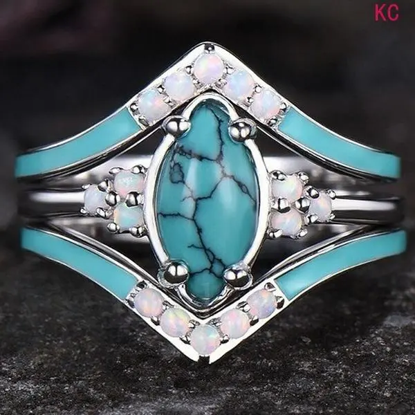 3 Pieces Enamel Ring Set Inlaid Turquoise, Minimalist Creative Finger Jewelry For European American Women Daily Styling