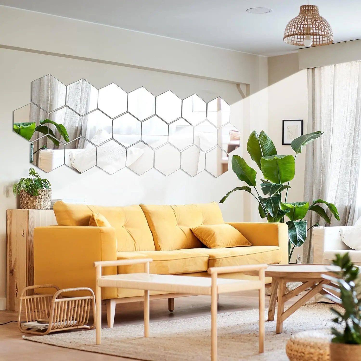 12-Piece Hexagonal Mirror Wall Stickers, DIY Self-Adhesive Acrylic Wall Decals, Living Room Entryway Hallway Staircase Mirror Stickers