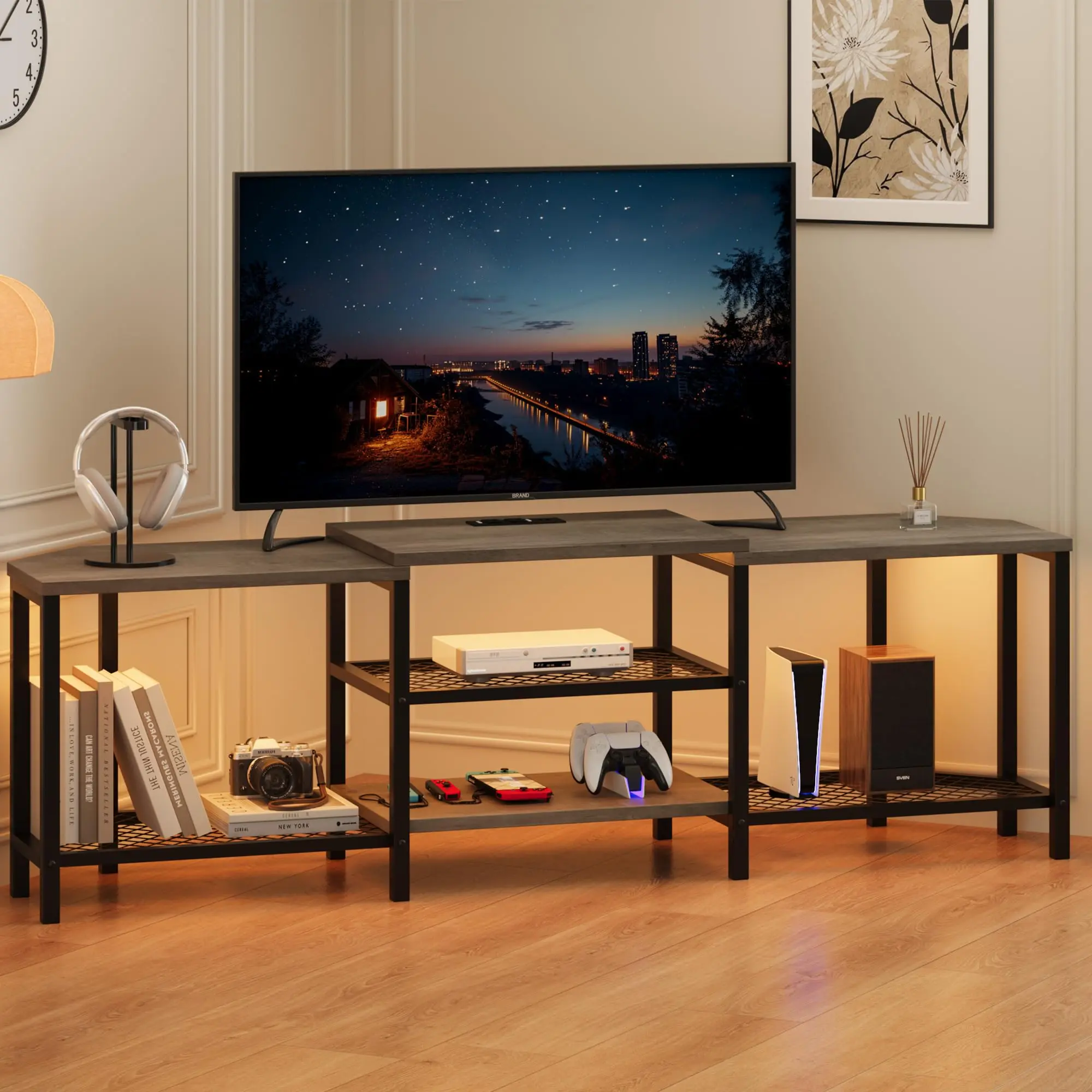 GARVEELarge TV Stand for 55/65/67/75 Inch Screens with LED Lights, Corner Entertainment Center, Power Outlets, and 4 Open Storage Shelves