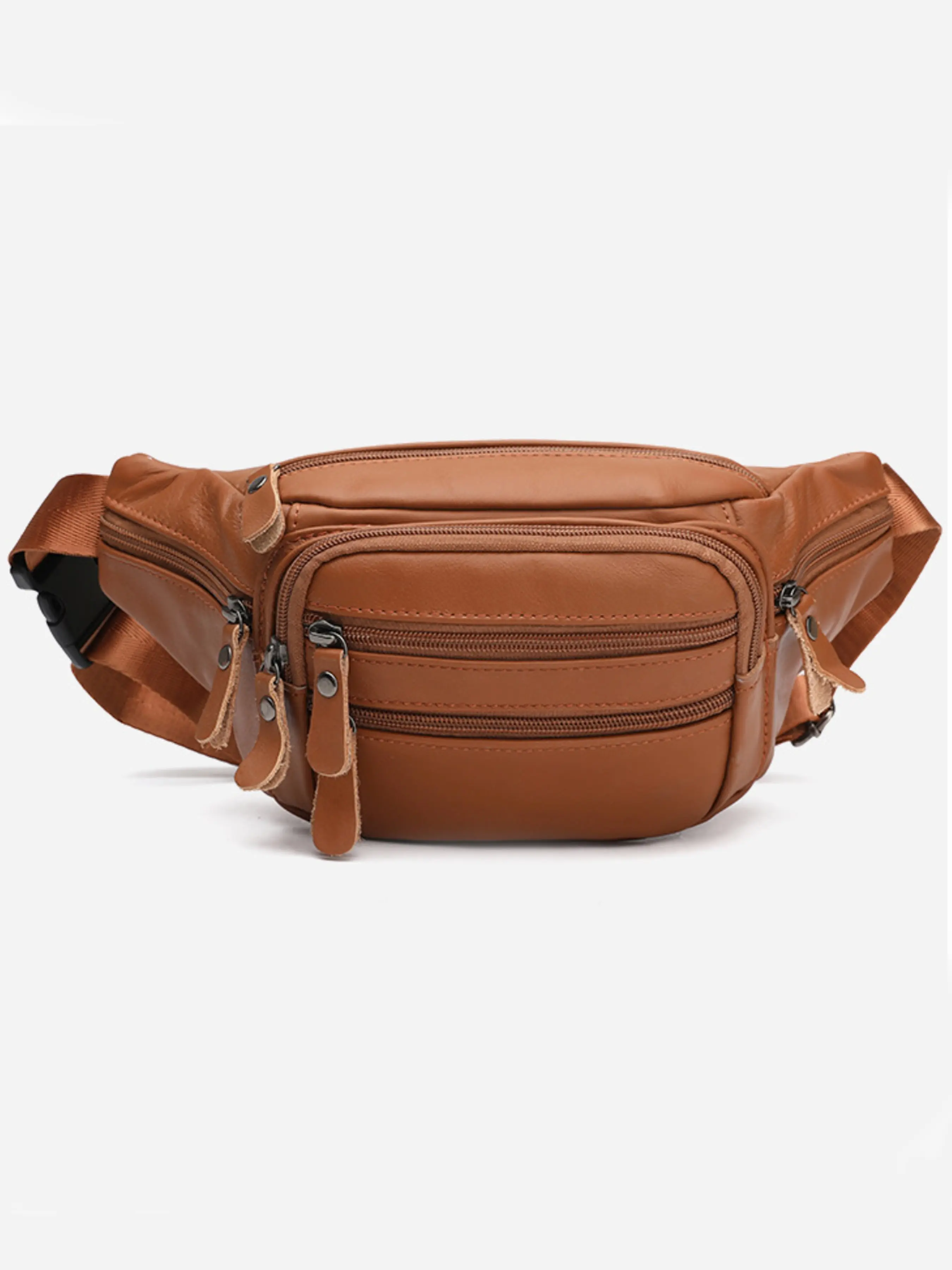 Unisex Leather Waist Bag, Multi-Zipper Compartments, Adjustable Shoulder Strap, Outdoor Travel Crossbody Pouch, Daily Carry Small Bag, Leather Fanny Pack