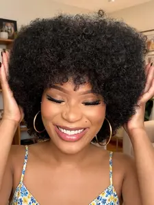 10 Inch Short Afro Kinky Curly Human Hair Wig for Women, Full Machine Made Remy Hair, Natural, with Bangs