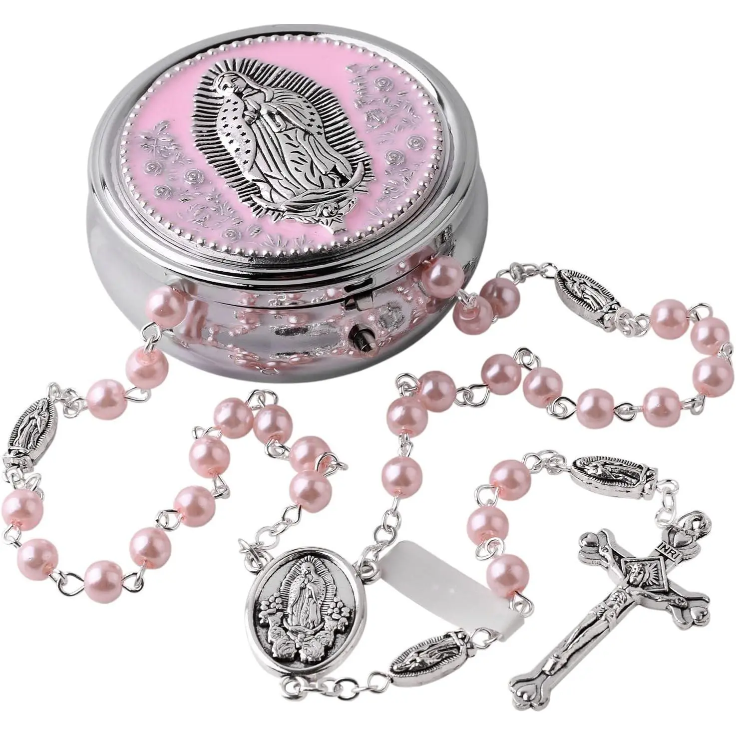 Guadalupe Catholic Rosary Glass  Beads Necklace with  Box