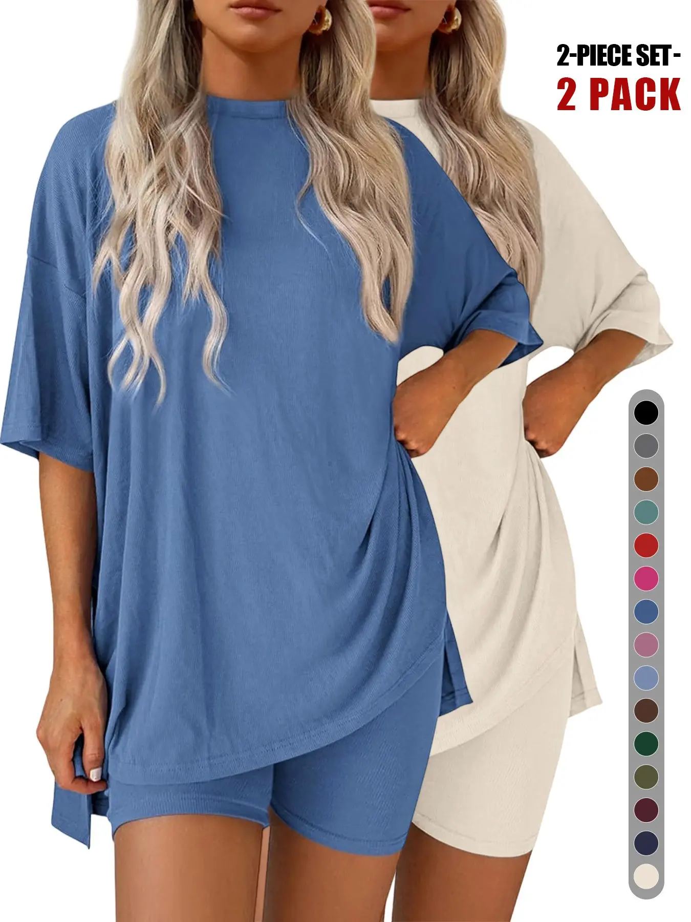 Women's Two Piece Lounge Set Outfit, 2026 Summer Casual Oversized Shirts & Biker Shorts, Fitted Plain Design, Perfect for Airport Travel