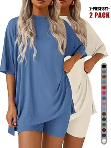 Women's Two Piece Lounge Set, 2026 Summer Casual Oversized Shirts & Biker Shorts, Fitted Plain Design, Perfect for Airport Travel