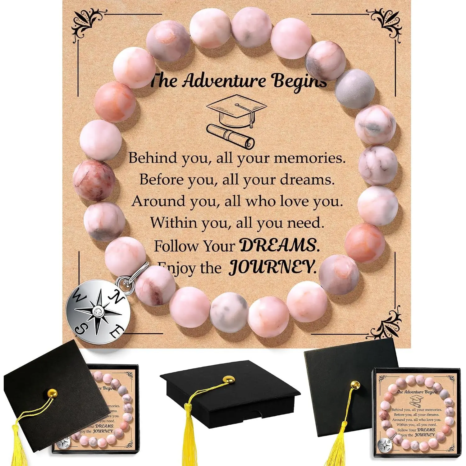 2026 Graduation Gifts for Her, High School College Graduation Gifts for Women, Inspirational Compass/Heart Graduation Bracelets with  Message Card for Women Daughter Sister