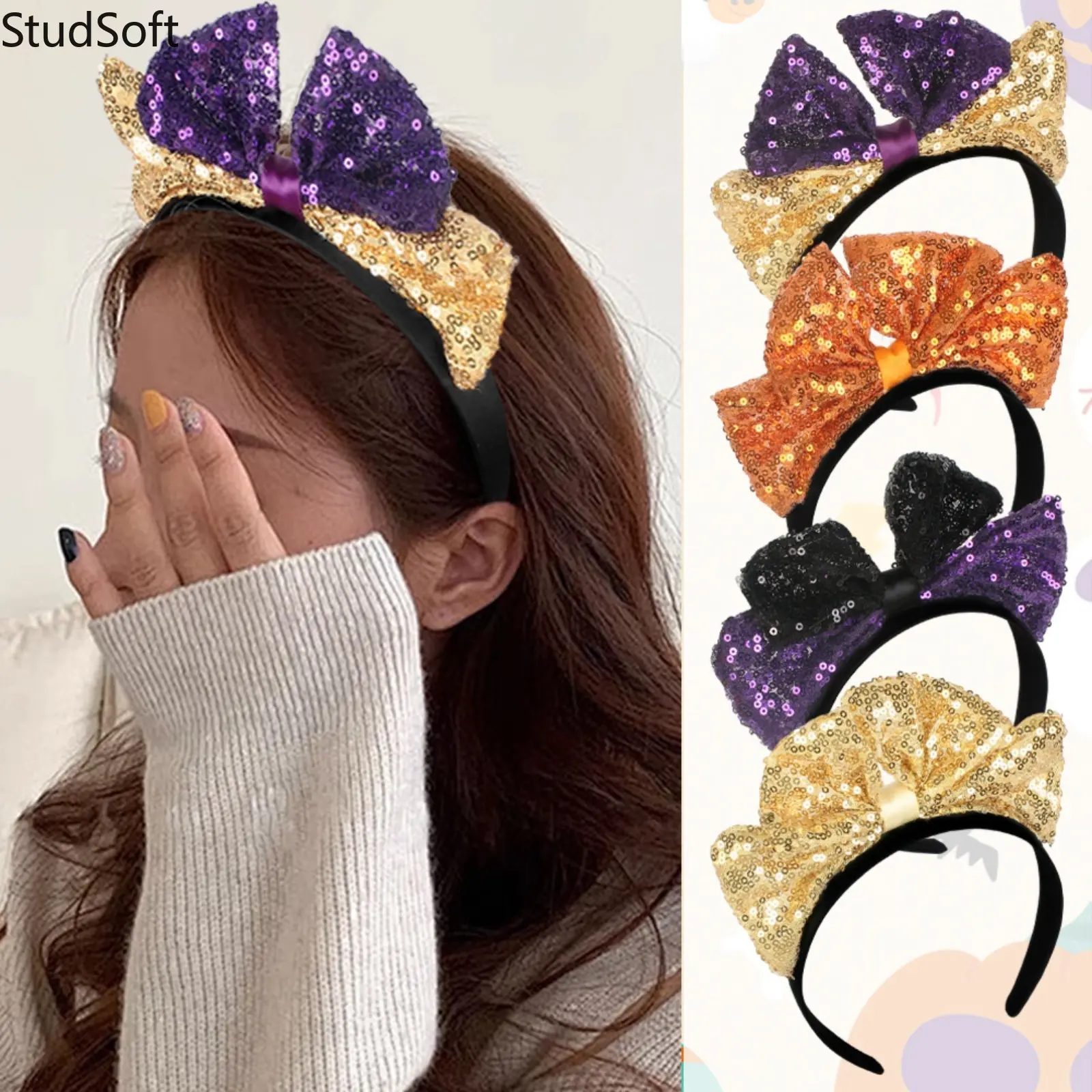 4Pcs Sequin Glitter Halloween Bow Headbands, Large Bowknot Hair Hoops, Orange-Purple Witch Costume Accessories for Cosplay Party (Sports & Outdoor Themed Event Use)