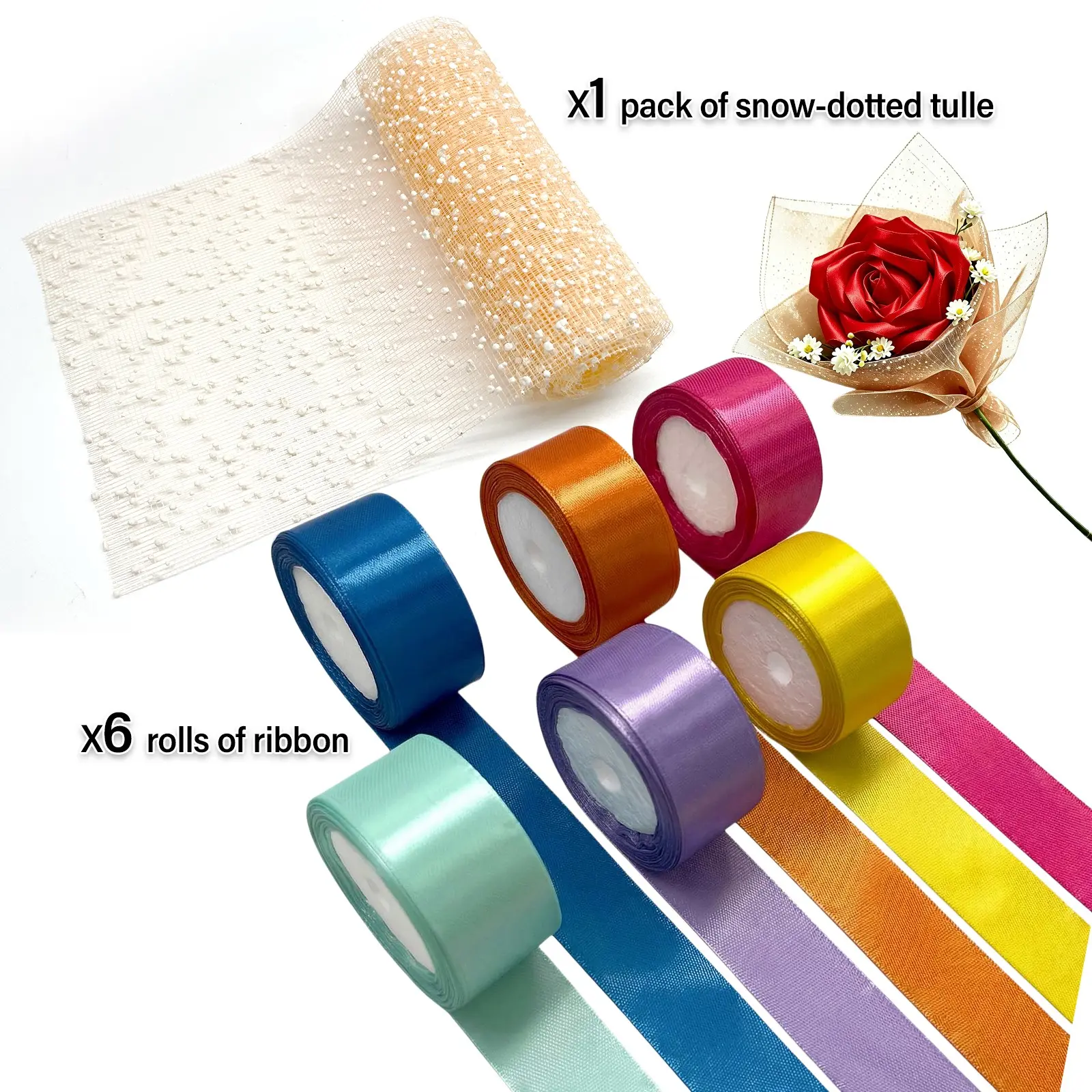 6 Rolls Ribbon + 1 Pack Snowflake Mesh Set, Total Ribbon Length 2028.24 Inches, DIY Rose Making, Wedding Decor, Gift Bows, Holiday Packaging Material