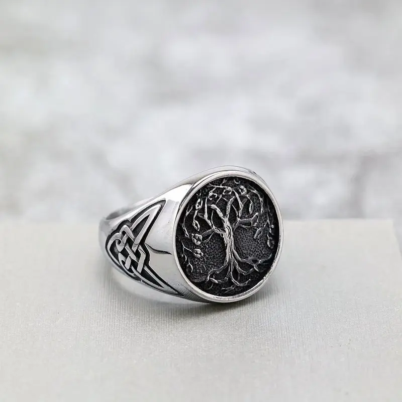 Vintage Polished Stainless Steel Men's Ring Viking Yggdrasil Tree of Life Totem Retro Bright Finish Finger Jewelry