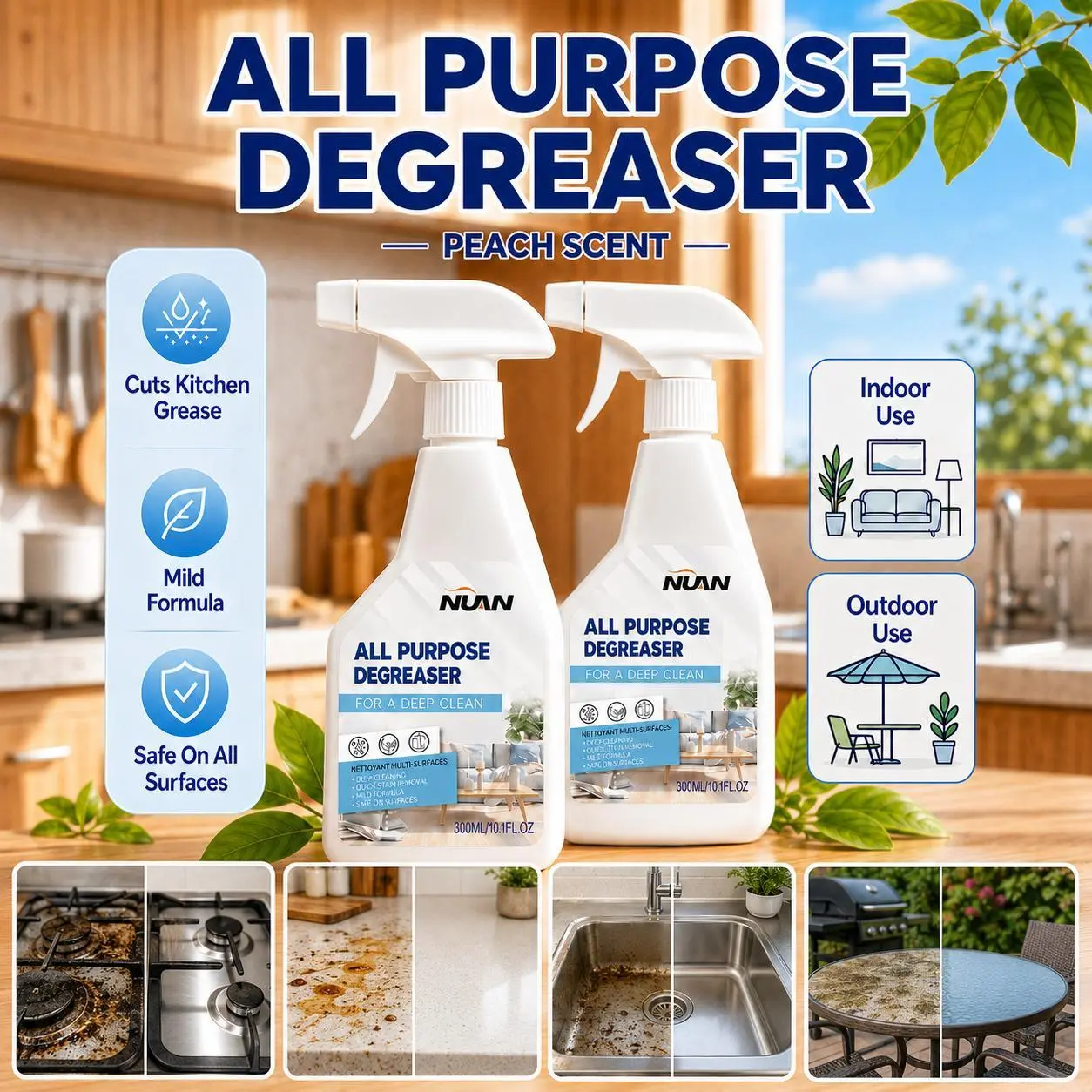 NUAN Heavy-Duty Multipurpose Degreaser - Cleaning Products, Household Cleaning Products for Indoor Use, Cuts Kitchen Grease on Stove, Range Hood for Home Deep Cleaning, Greasy Cleaning Spray, Heavy Duty Cleaner