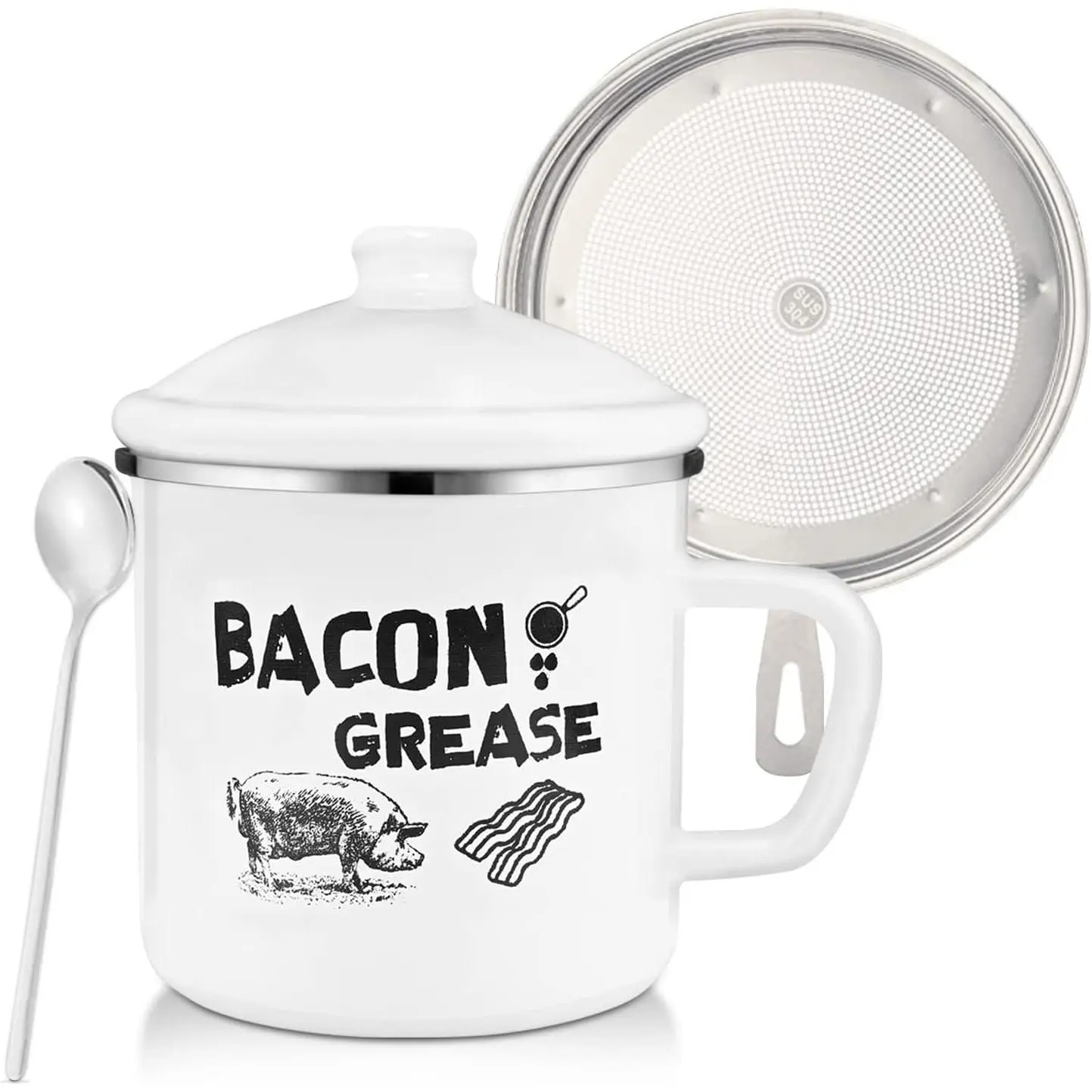 1.5L Bacon  Container with Strainer, 46oz Large Enamel Rustic   Container With Lid & Spoon, Bacon  Keeper for Kitchen Cooking or Frying Oil