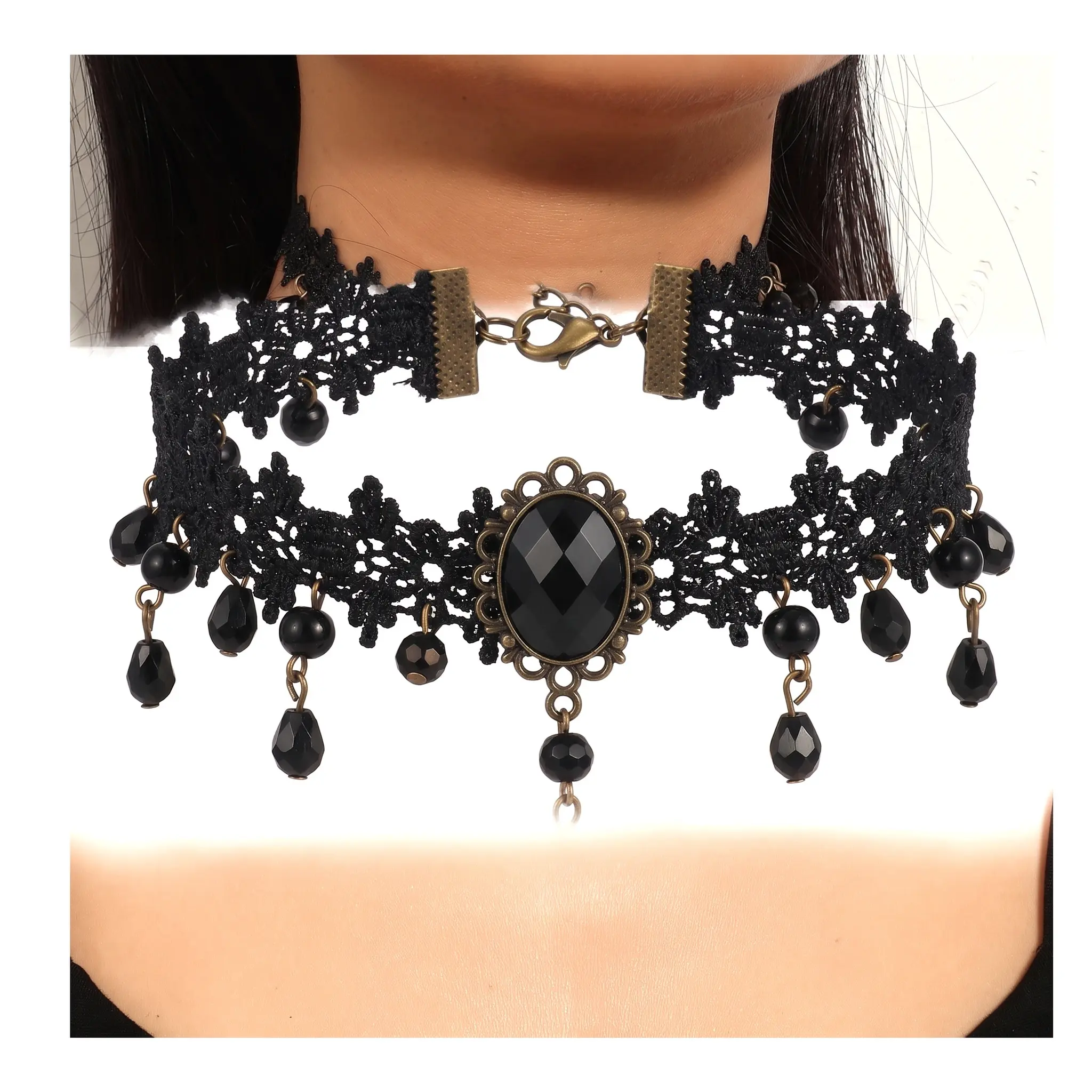 Women's Retro Ethnic Choker Necklace - Geometric Lace Gothic Collarbone Design, Acrylic Chain, 31cm-40cm Adjustable Size Unisex Costume Jewelry, Everyday Wear Edgy Layerable Accessory, Chocker Necklace