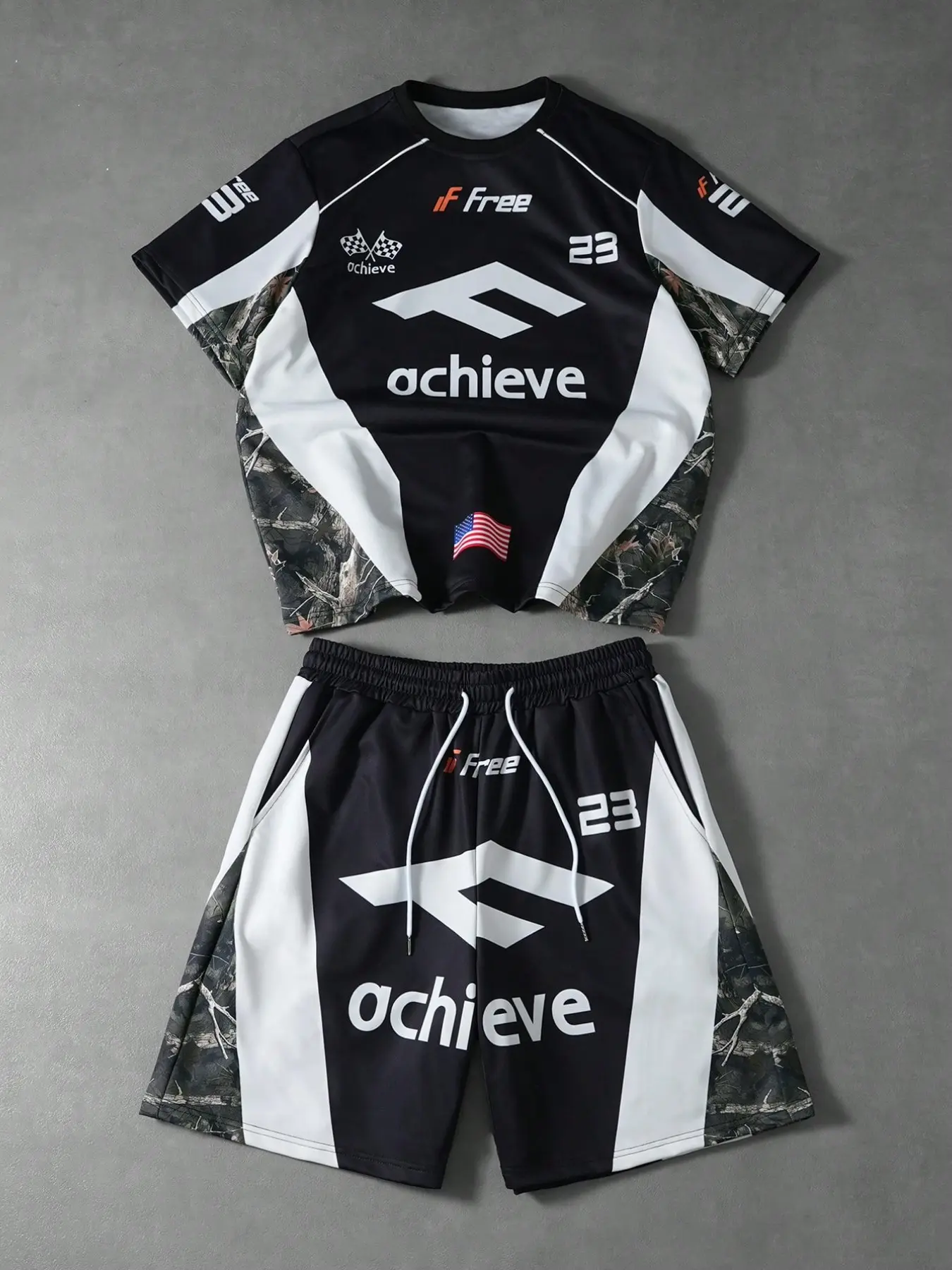 Men's Vintage Y2K Motocross Graphic Short Sleeve Tee & Drawstring Shorts 2-Piece Set Sport | Camo Patchwork Street Racing Top & Shorts | Oversized Casual Skate Activewear Summer Outfit for Men